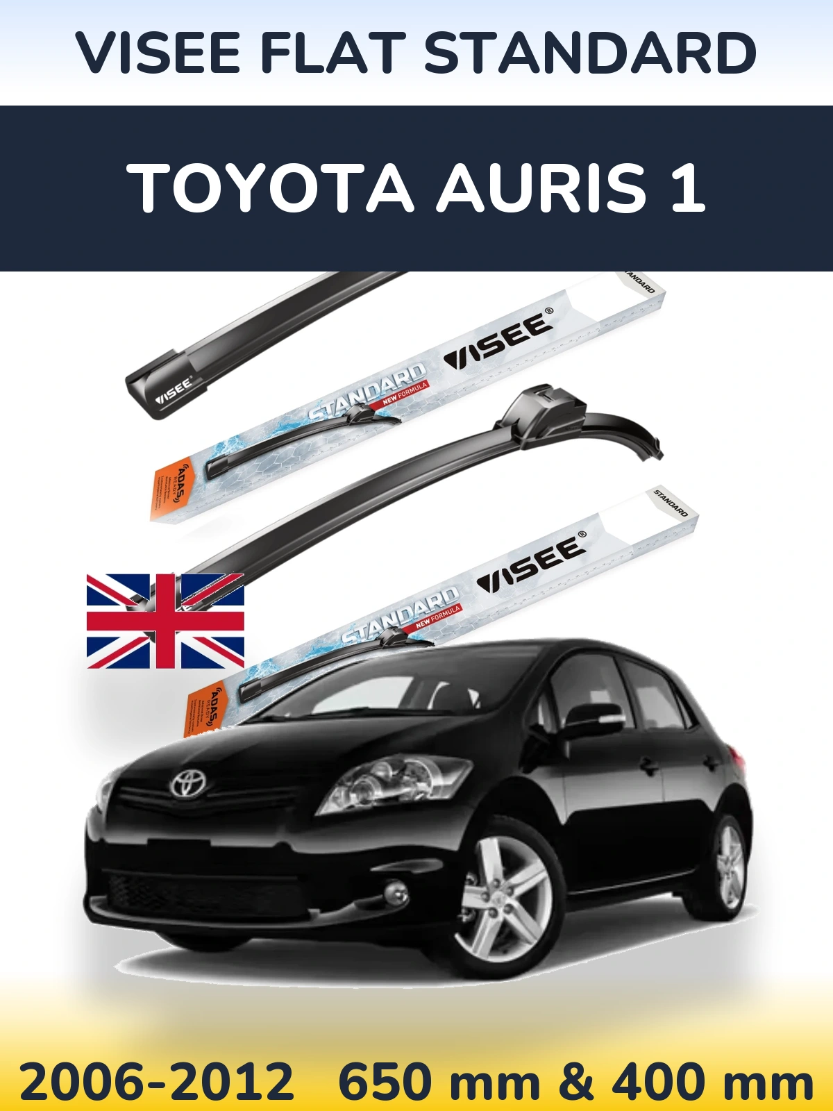 Front wiper blade set VISEE FLAT STANDARD 650 & 400 mm for Toyota Auris 1 2006-2012