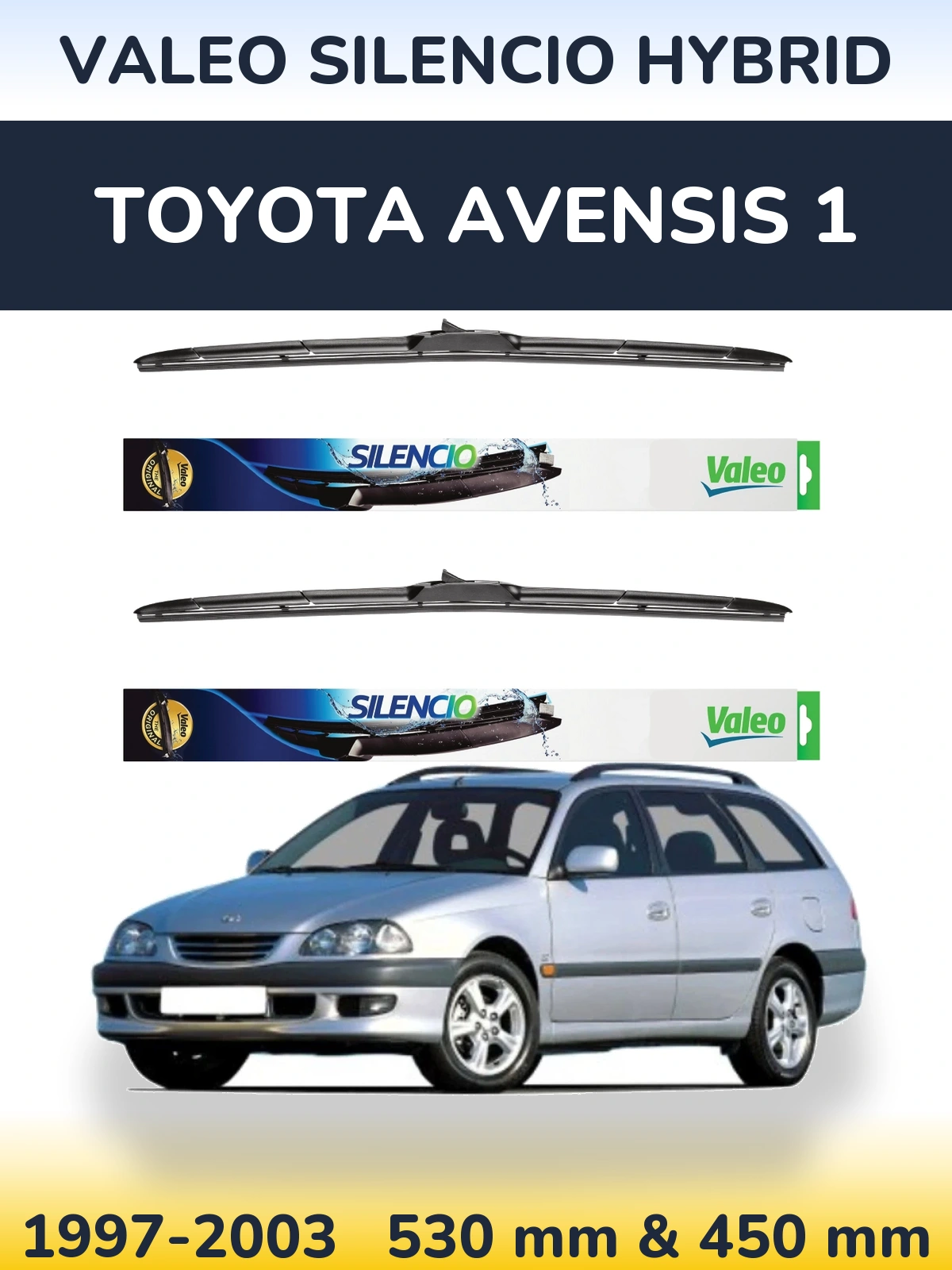 Front wiper blade set Valeo Silencio Hybrid 530 & 450 mm for Toyota Avensis 1 1997-2003