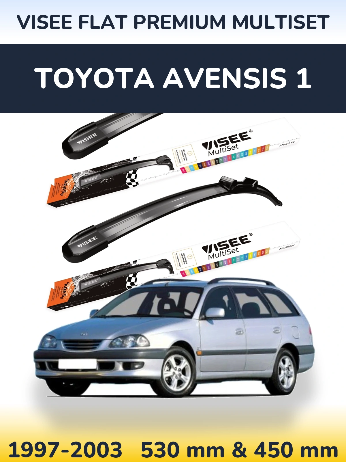 Front wiper blade set VISEE FLAT PREMIUM MultiSet 530 & 450 mm for Toyota Avensis 1 1997-2003