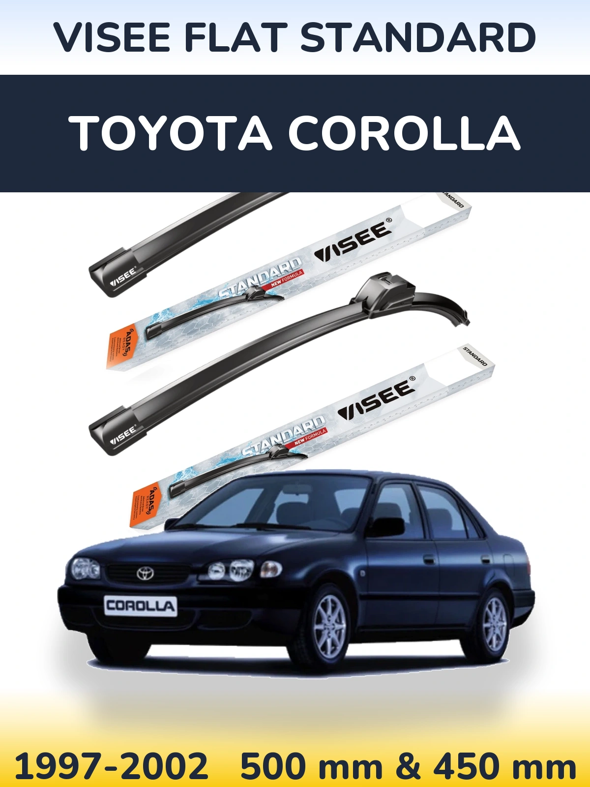 Комплект передних дворников VISEE FLAT STANDARD 500 & 450 мм для Toyota Corolla 1997-2002