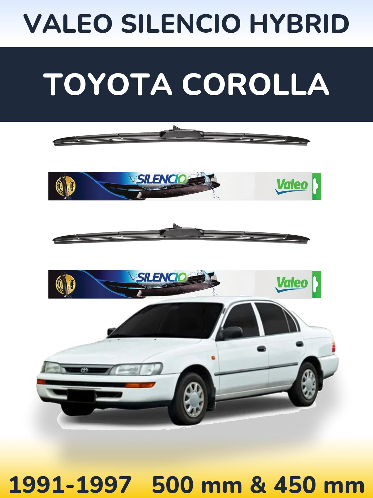 Front wiper blade set Valeo Silencio Hybrid 500 & 450 mm for Toyota Corolla 1991-1997