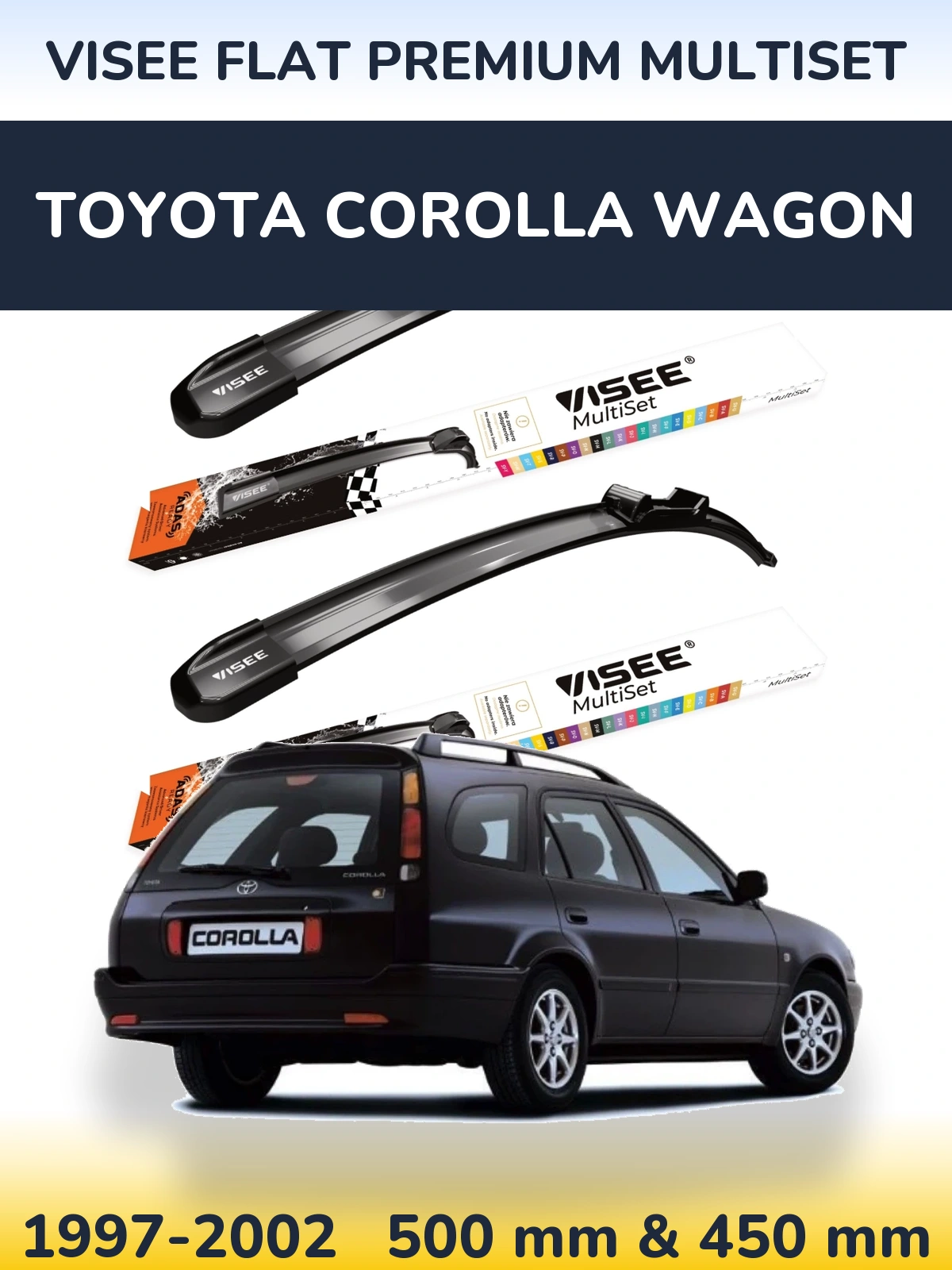 Front wiper blade set VISEE FLAT PREMIUM MultiSet 500 & 450 mm for Toyota Corolla Wagon 1997-2002