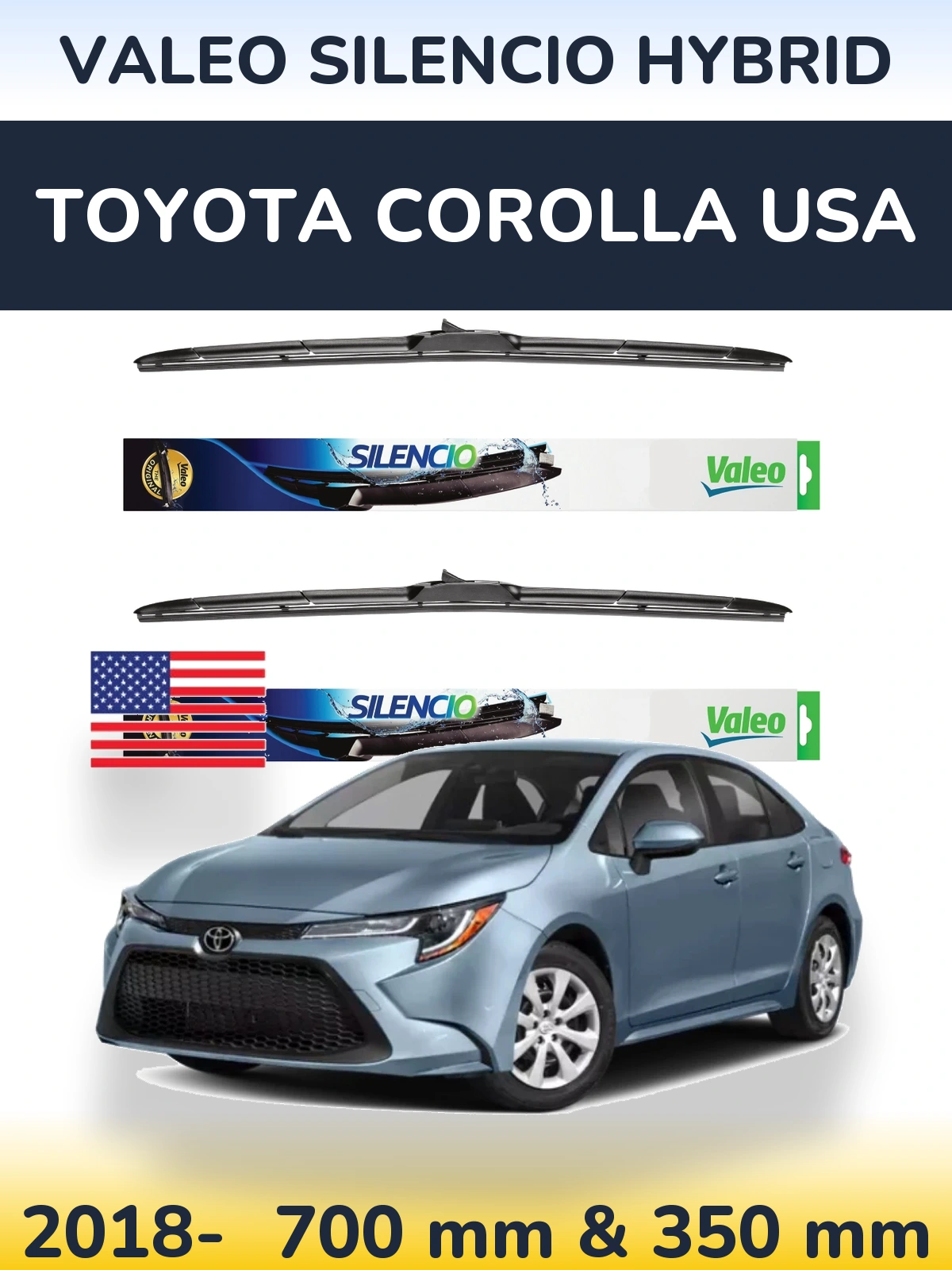 Front wiper blade set Valeo Silencio Hybrid 700 & 350 mm for Toyota Corolla USA 2018-2026