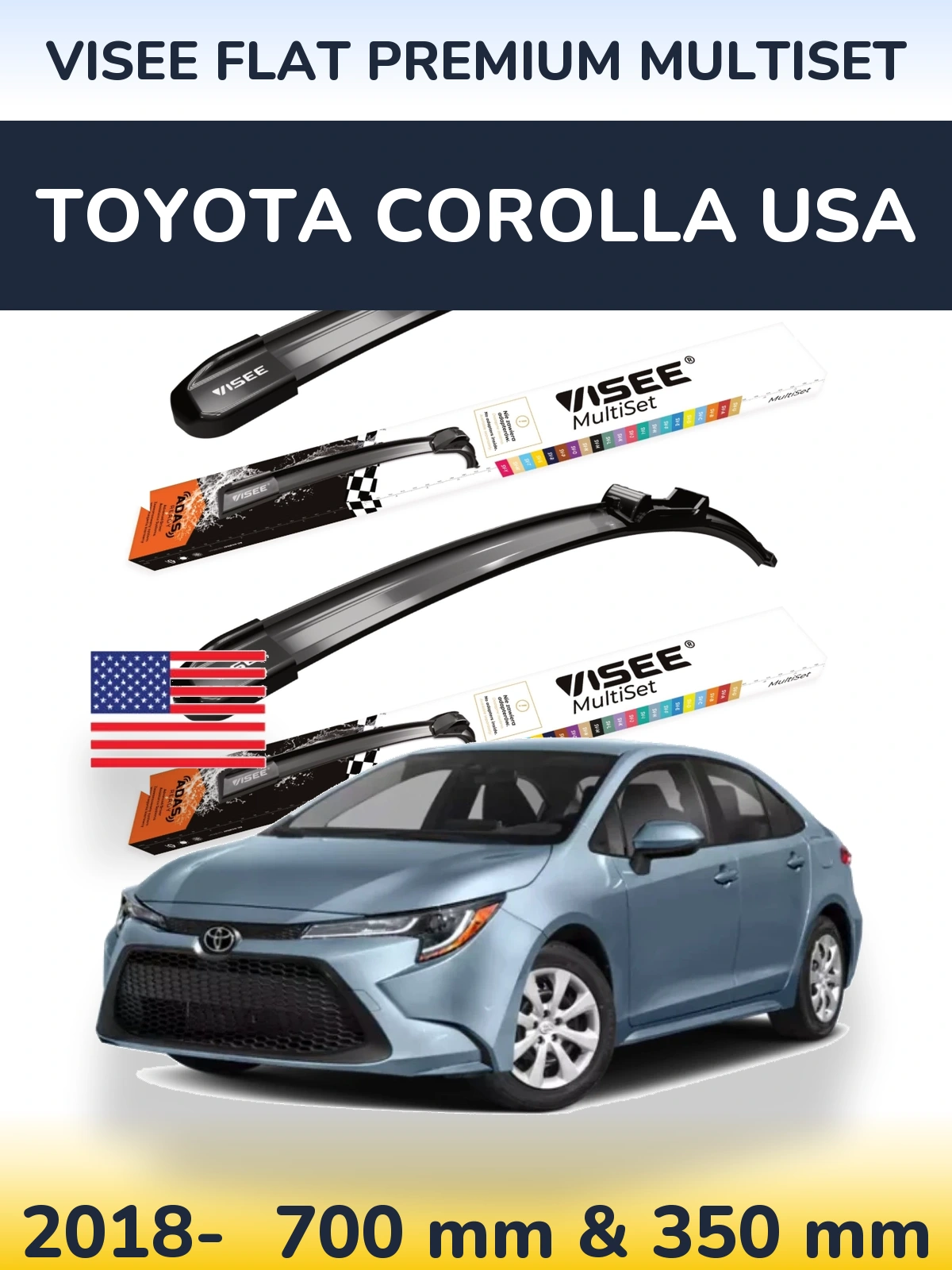 Комплект передних дворников VISEE FLAT PREMIUM MultiSet 700 & 350 мм для Toyota Corolla USA 2018-2026