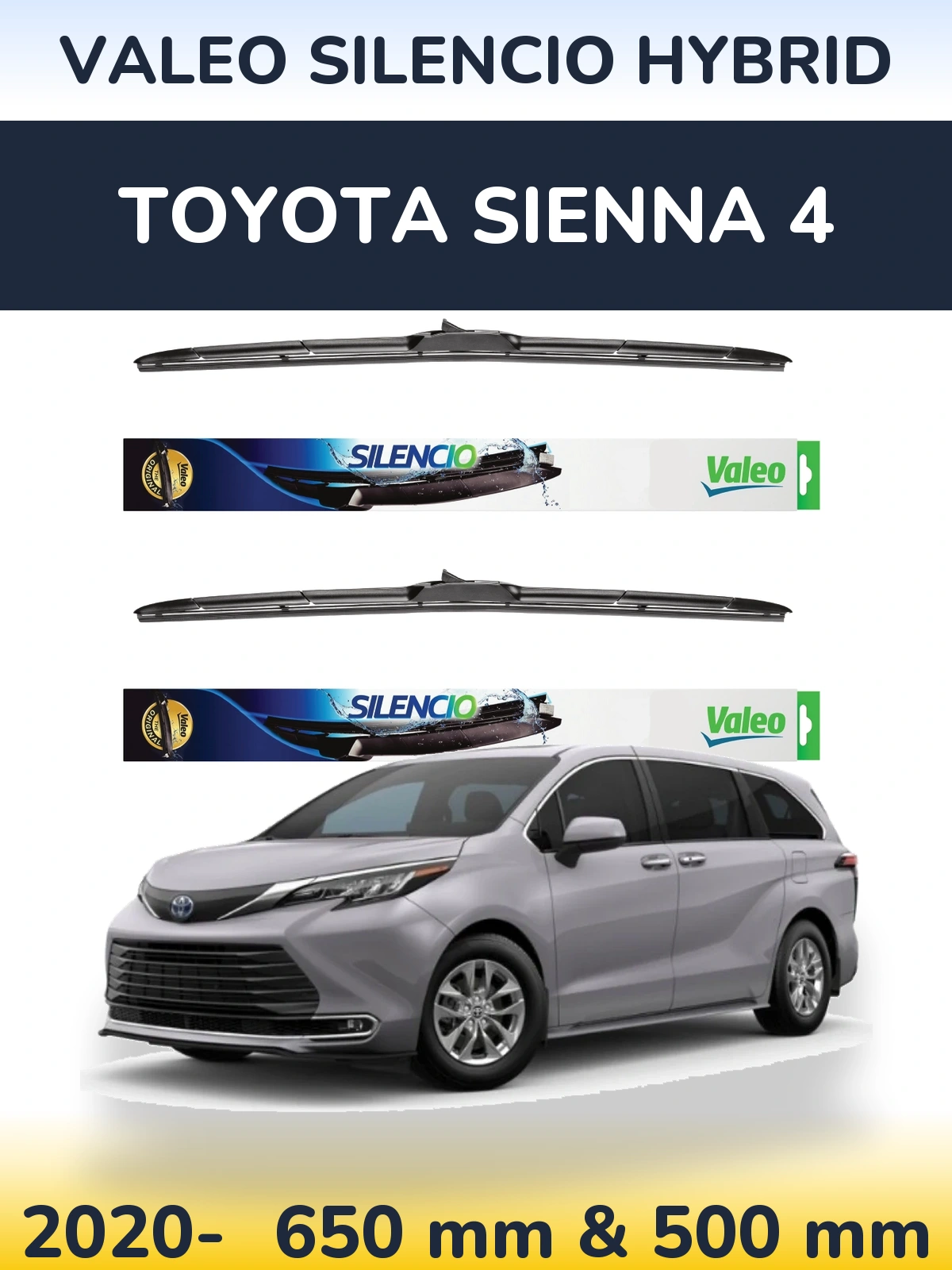 Front wiper blade set Valeo Silencio Hybrid 650 & 500 mm for Toyota Sienna 4 2020-2026