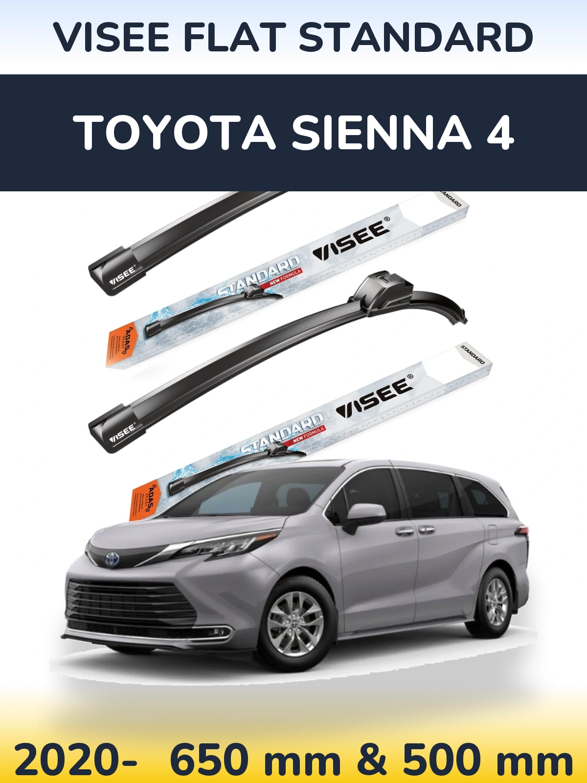 Front wiper blade set VISEE FLAT STANDARD 650 & 500 mm for Toyota Sienna 4 2020-2026