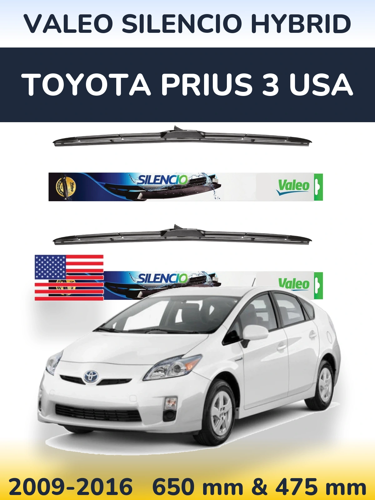 Комплект передних дворников Valeo Silencio Hybrid 650 & 475 мм для Toyota Prius 3 USA 2009-2016