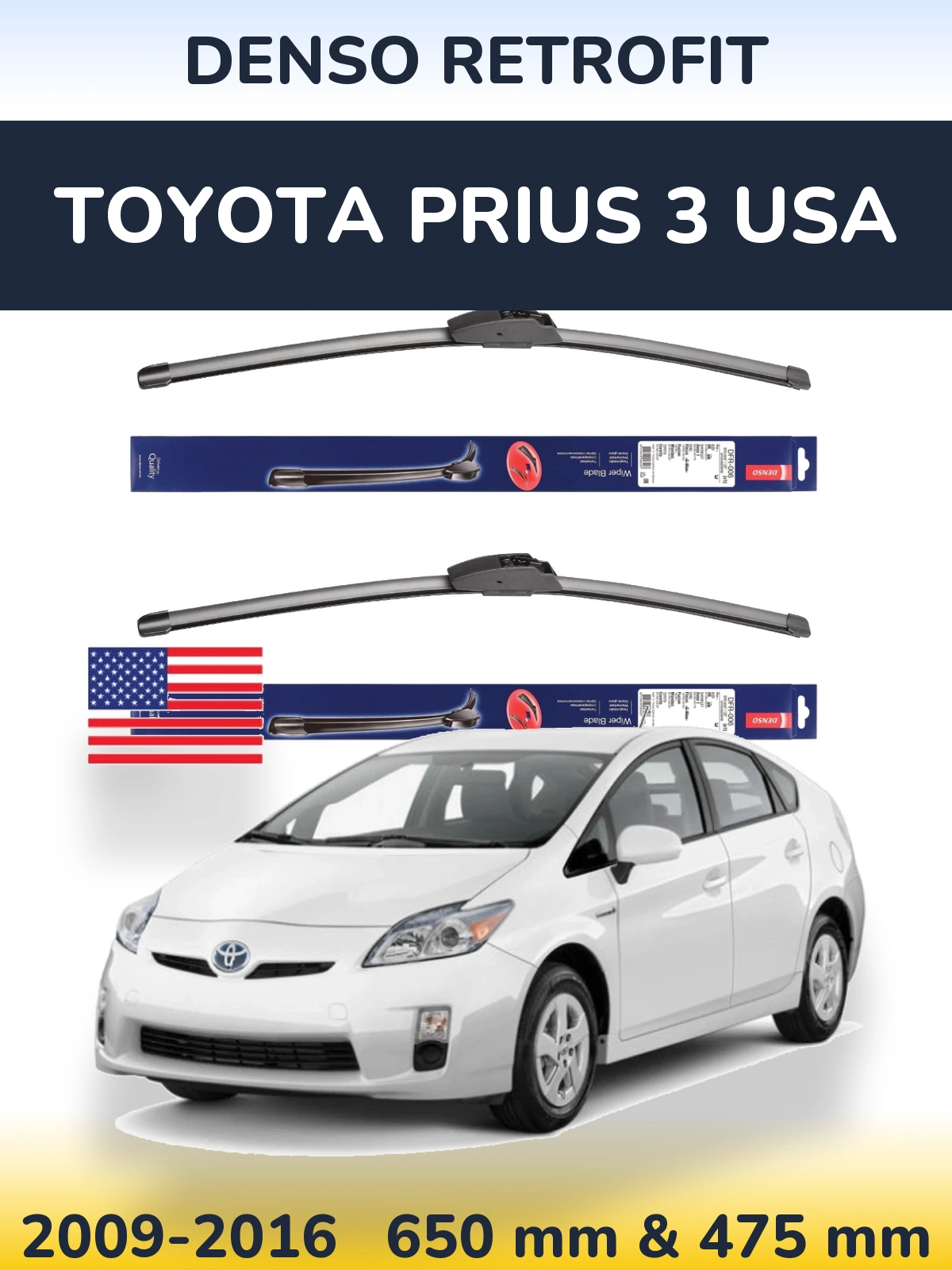 Комплект передних дворников Denso Retrofit 650 & 475 мм для Toyota Prius 3 USA 2009-2016