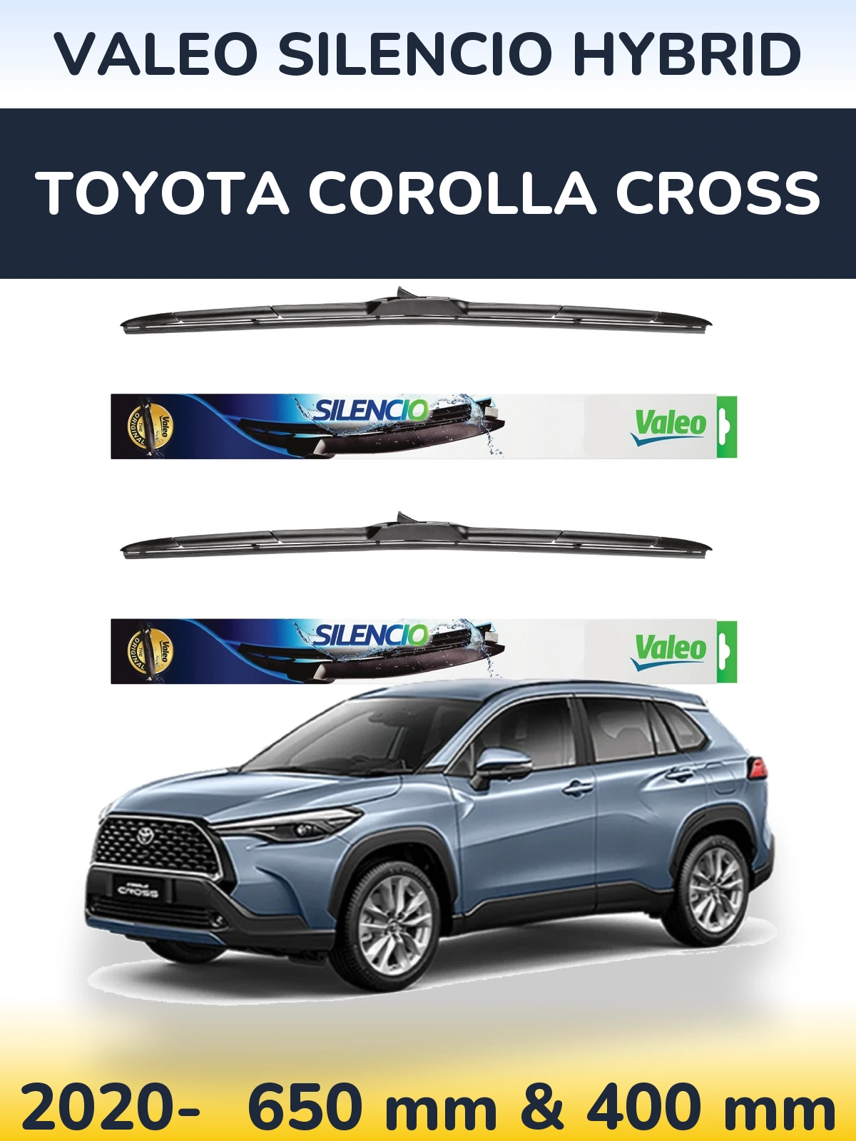 Front wiper blade set Valeo Silencio Hybrid 650 & 400 mm for Toyota Corolla Cross 2020-2026