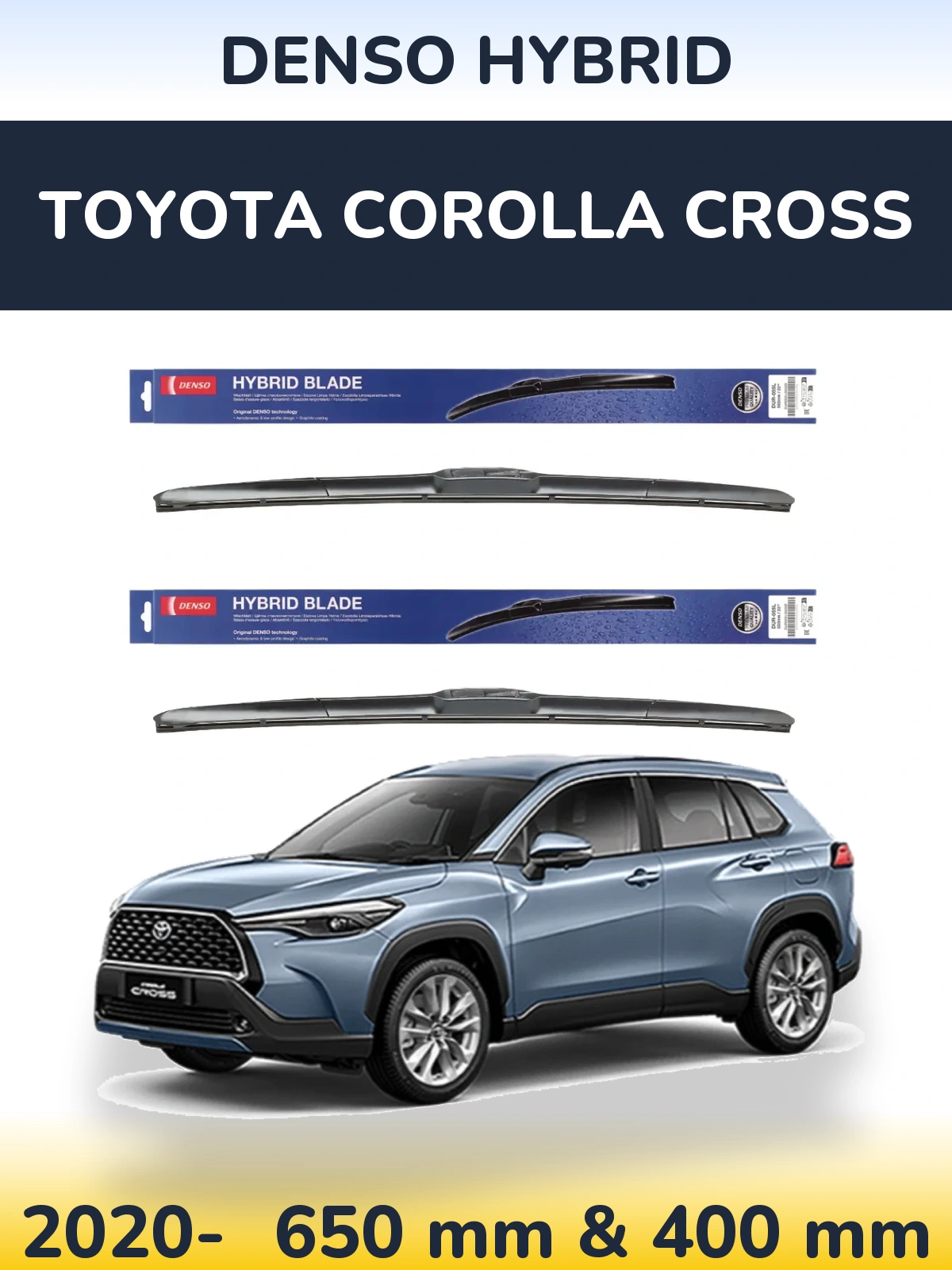 Front wiper blade set Denso Hybrid 650 & 400 mm for Toyota Corolla Cross 2020-2026