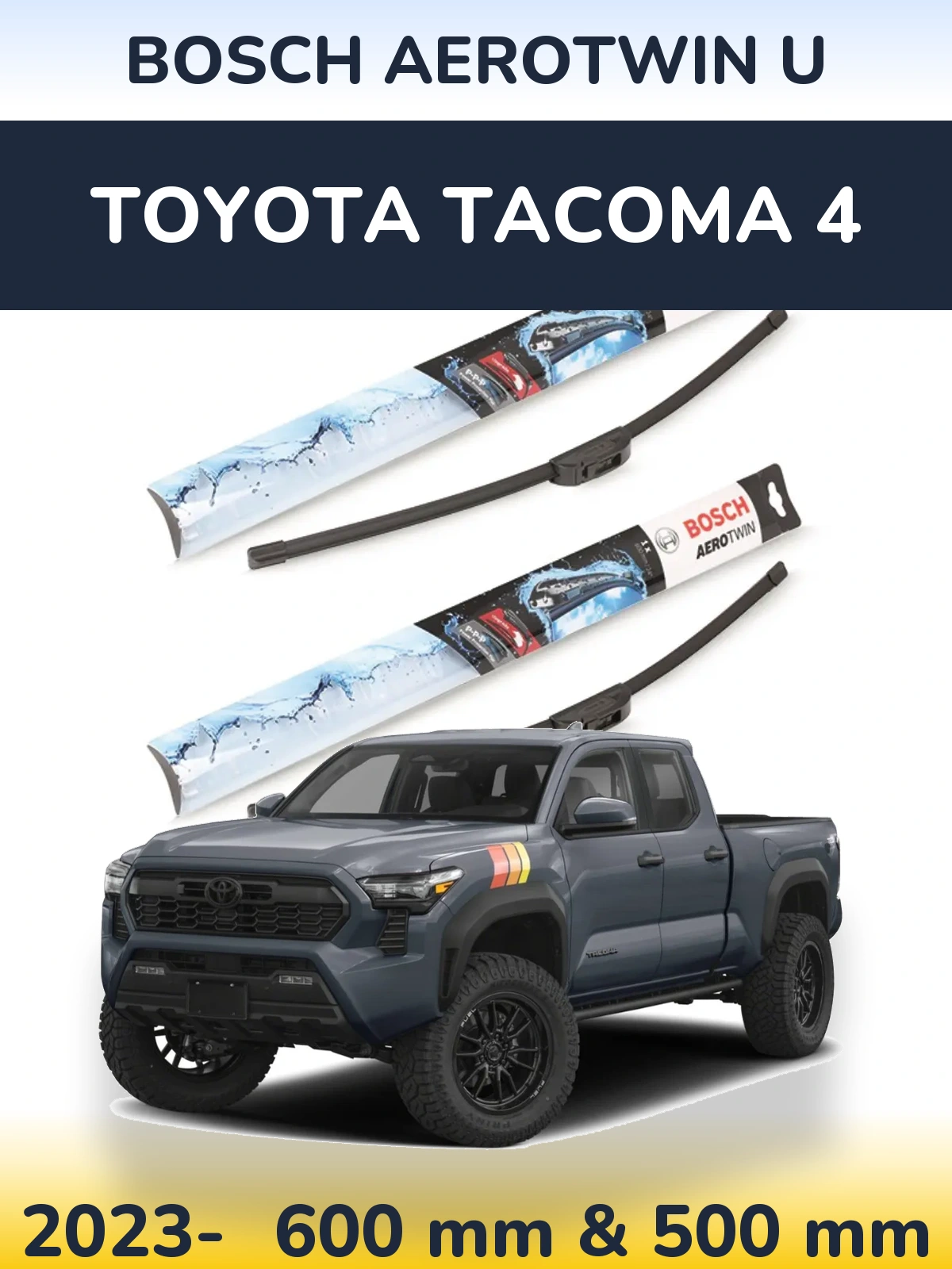 Front wiper blade set BOSCH AeroTwin U 600 & 500 mm for Toyota Tacoma 4 2023-2026