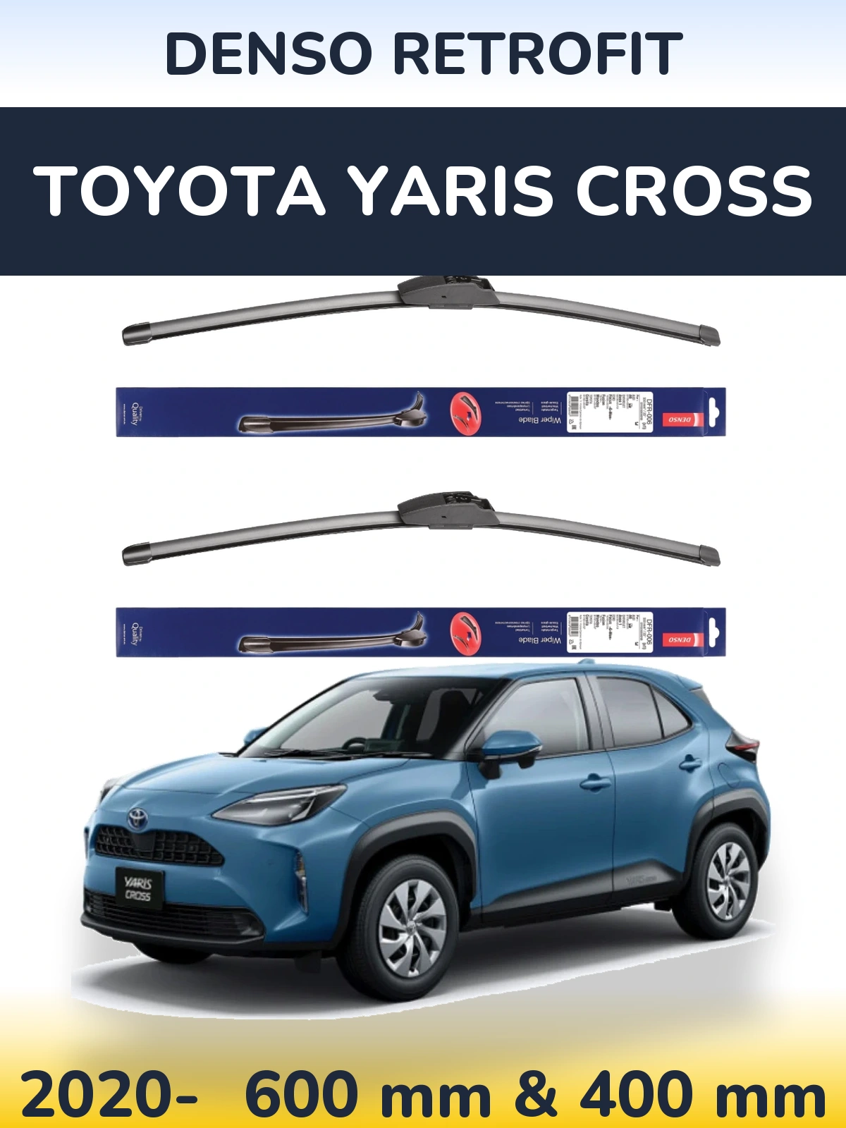 Front wiper blade set Denso Retrofit 600 & 400 mm for Toyota Yaris Cross 2020-2026