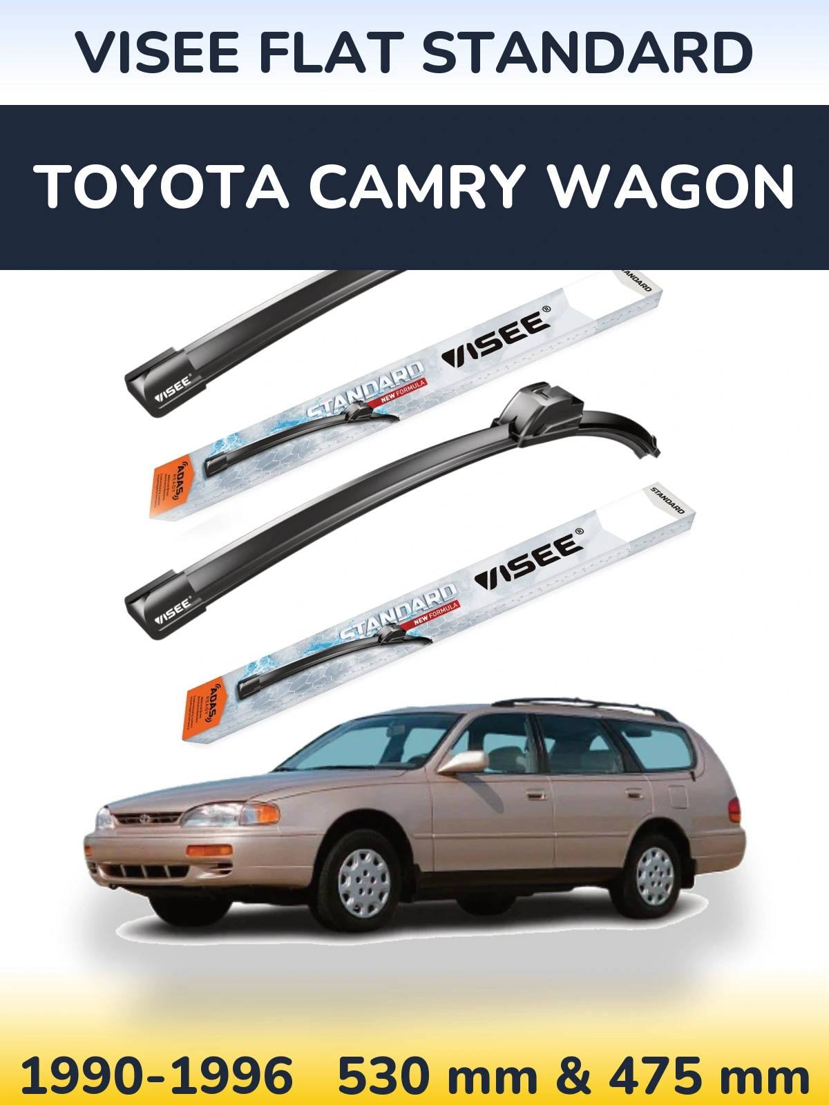 Front wiper blade set VISEE FLAT STANDARD 530 & 475 mm for Toyota Camry Wagon 1990-1996