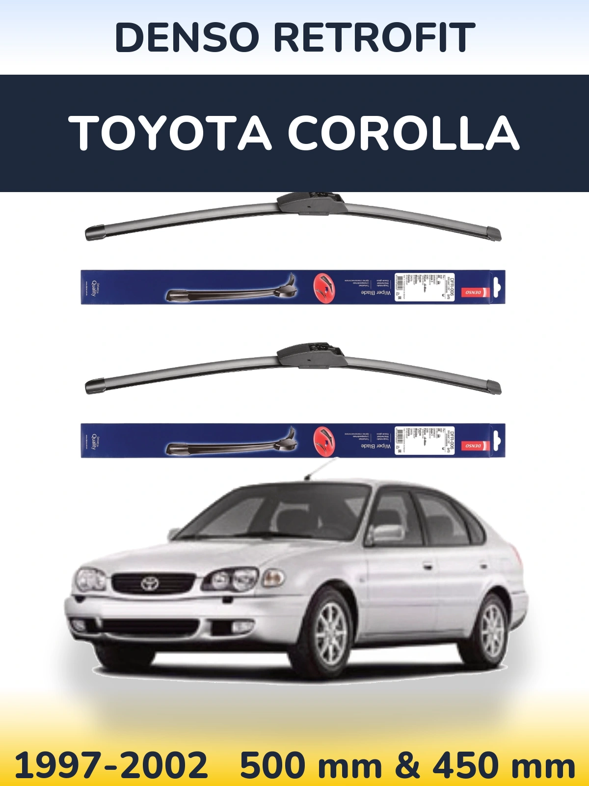 Front wiper blade set Denso Retrofit 500 & 450 mm for Toyota Corolla 1997-2002