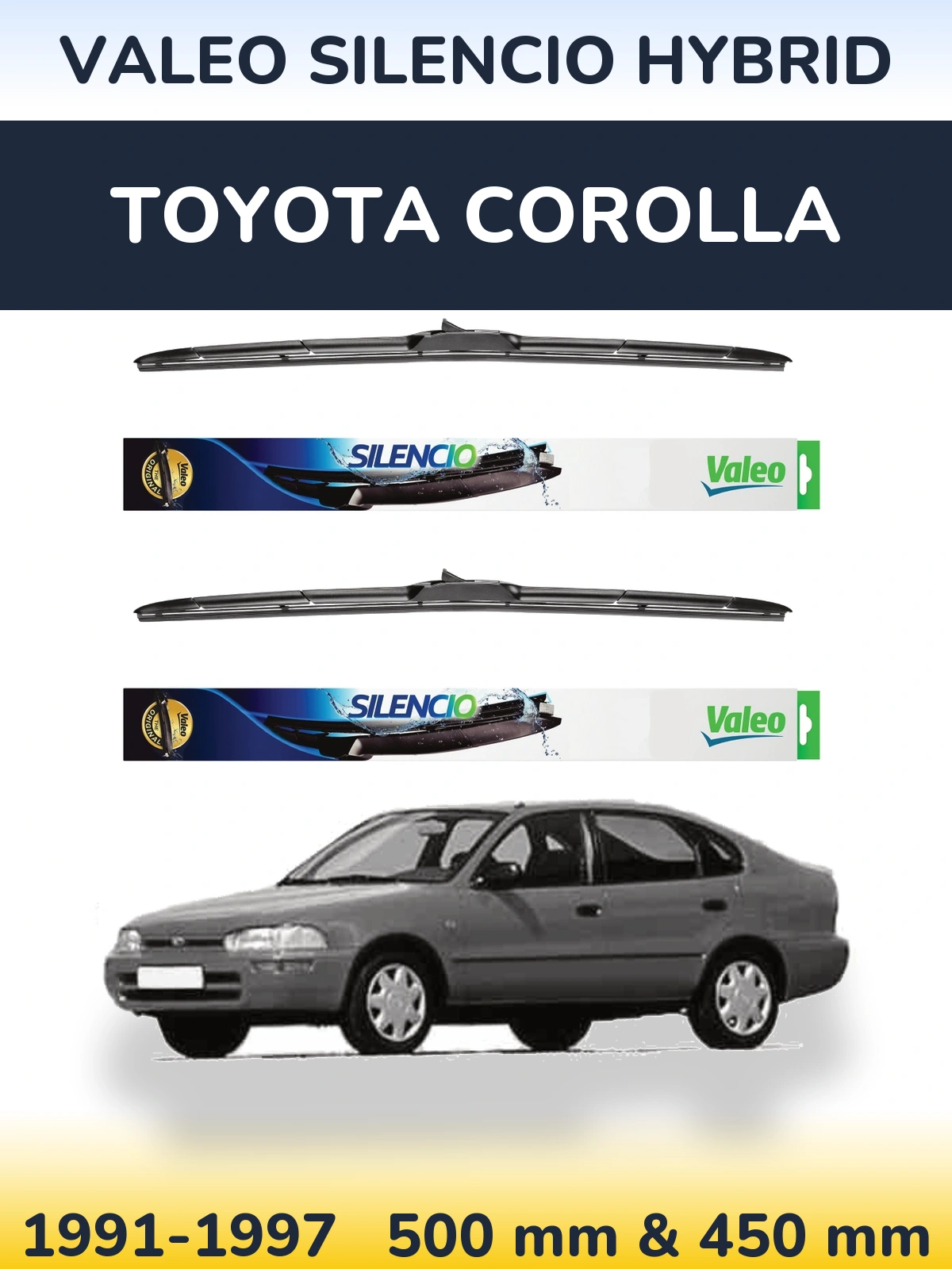 Front wiper blade set Valeo Silencio Hybrid 500 & 450 mm for Toyota Corolla 1991-1997