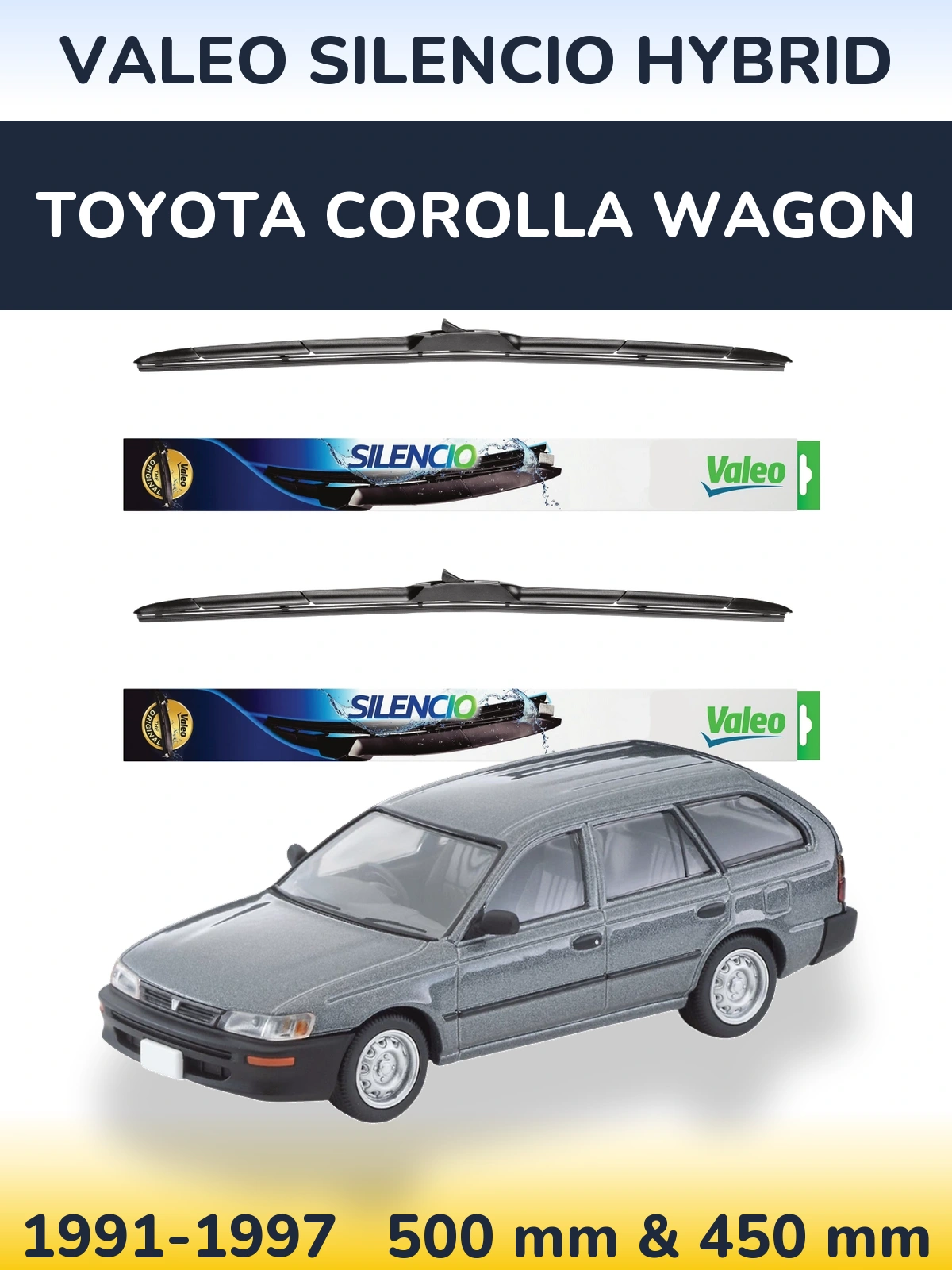 Front wiper blade set Valeo Silencio Hybrid 500 & 450 mm for Toyota Corolla Wagon 1991-1997