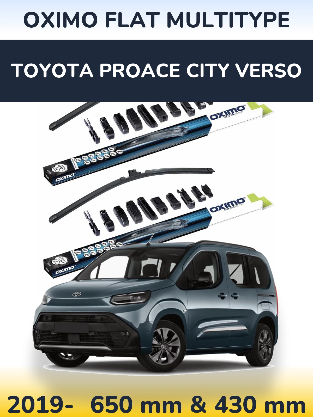 Front wiper blade set Oximo Flat MultiTipse 650 & 430 mm for Toyota ProAce City Verso 2019-2026