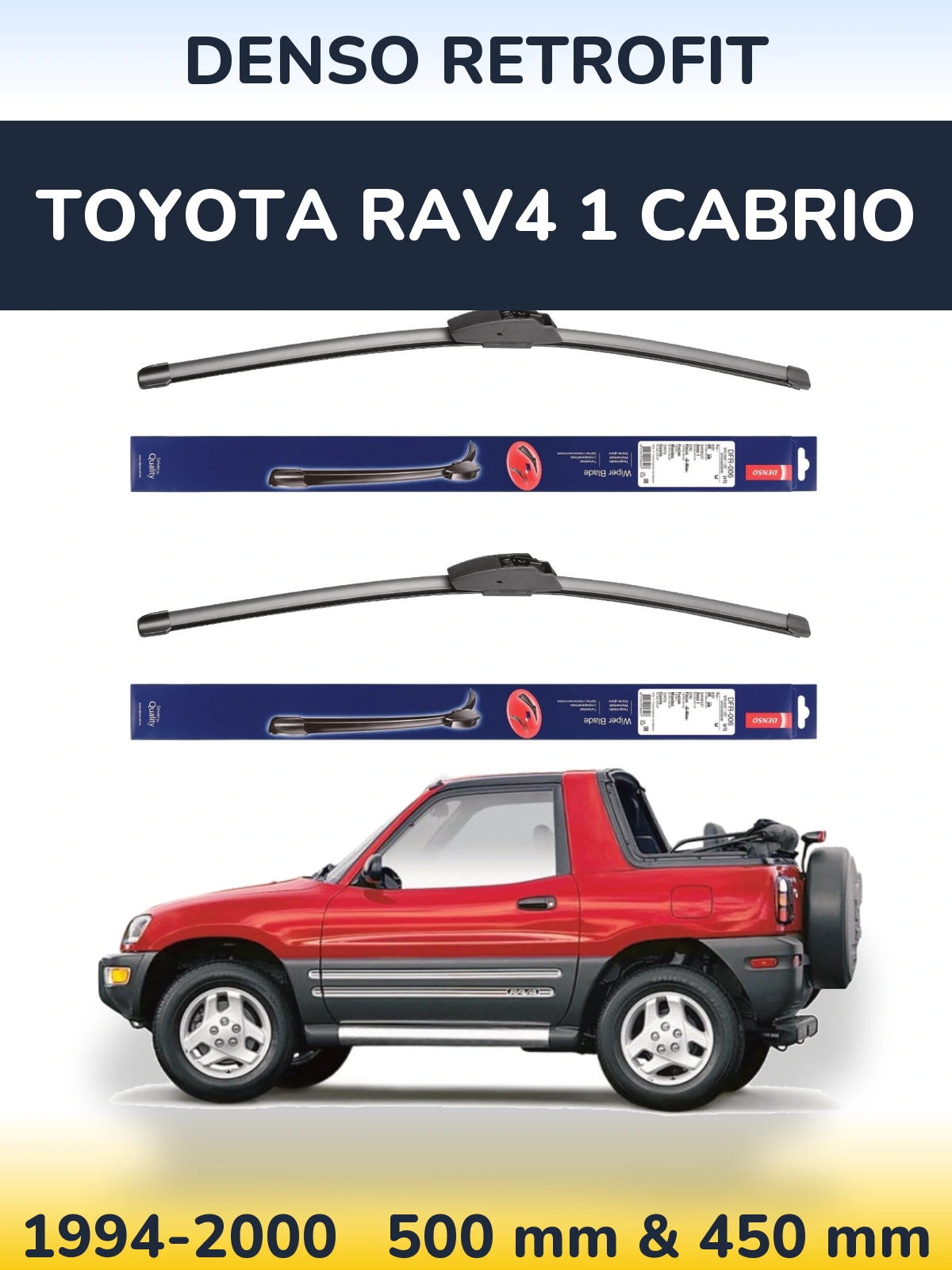 Front wiper blade set Denso Retrofit 500 & 450 mm for Toyota RAV4 1 Cabrio 1994-2000