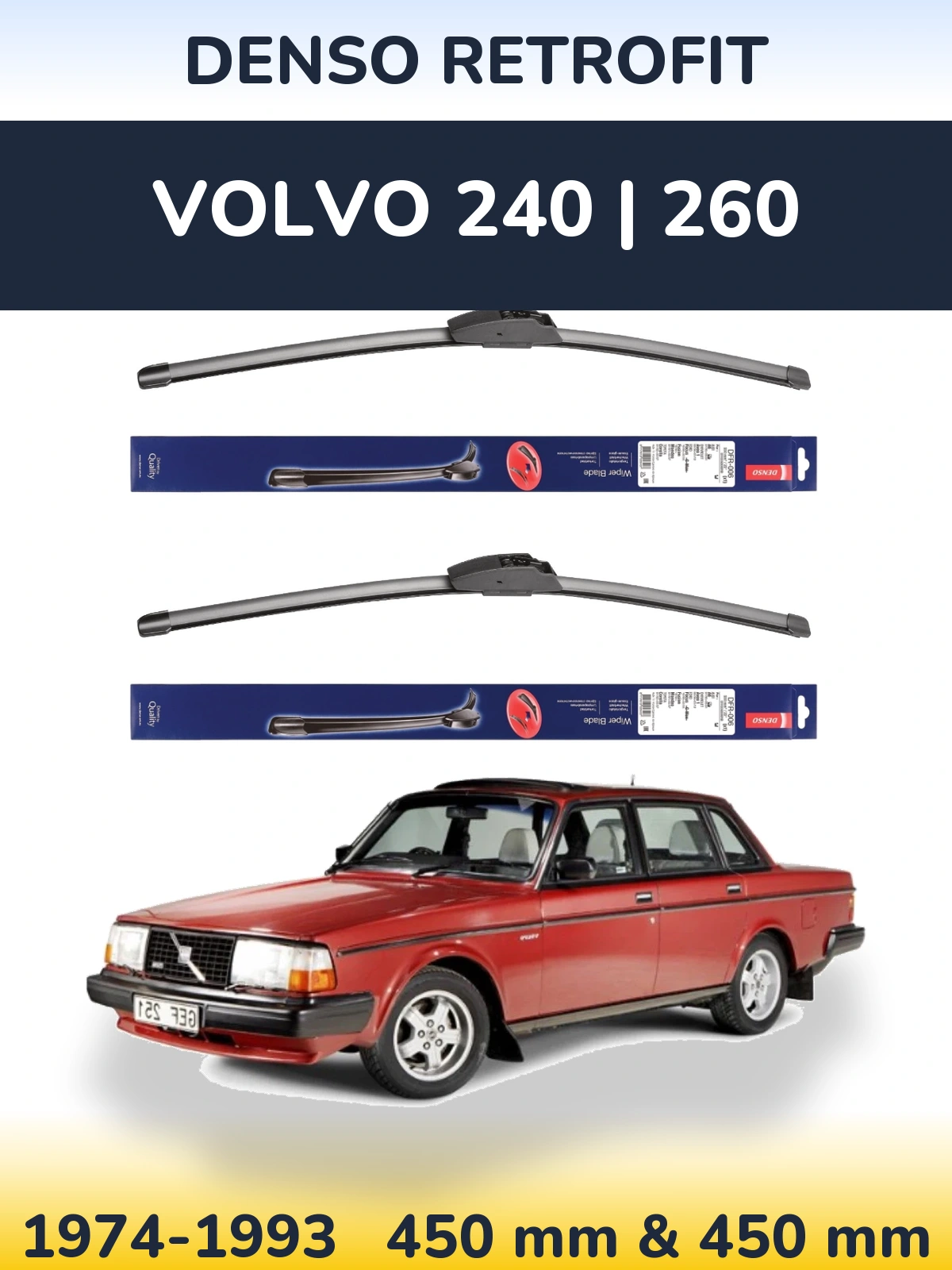 Front wiper blade set Denso Retrofit 450 & 450 mm for Volvo 240 | 260 1974-1993