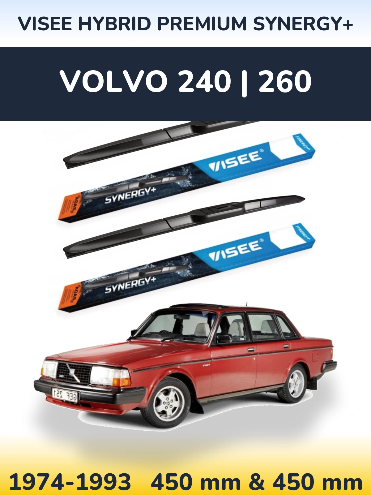 Front wiper blade set VISEE HYBRID PREMIUM SYNERGY+ 450 & 450 mm for Volvo 240 | 260 1974-1993