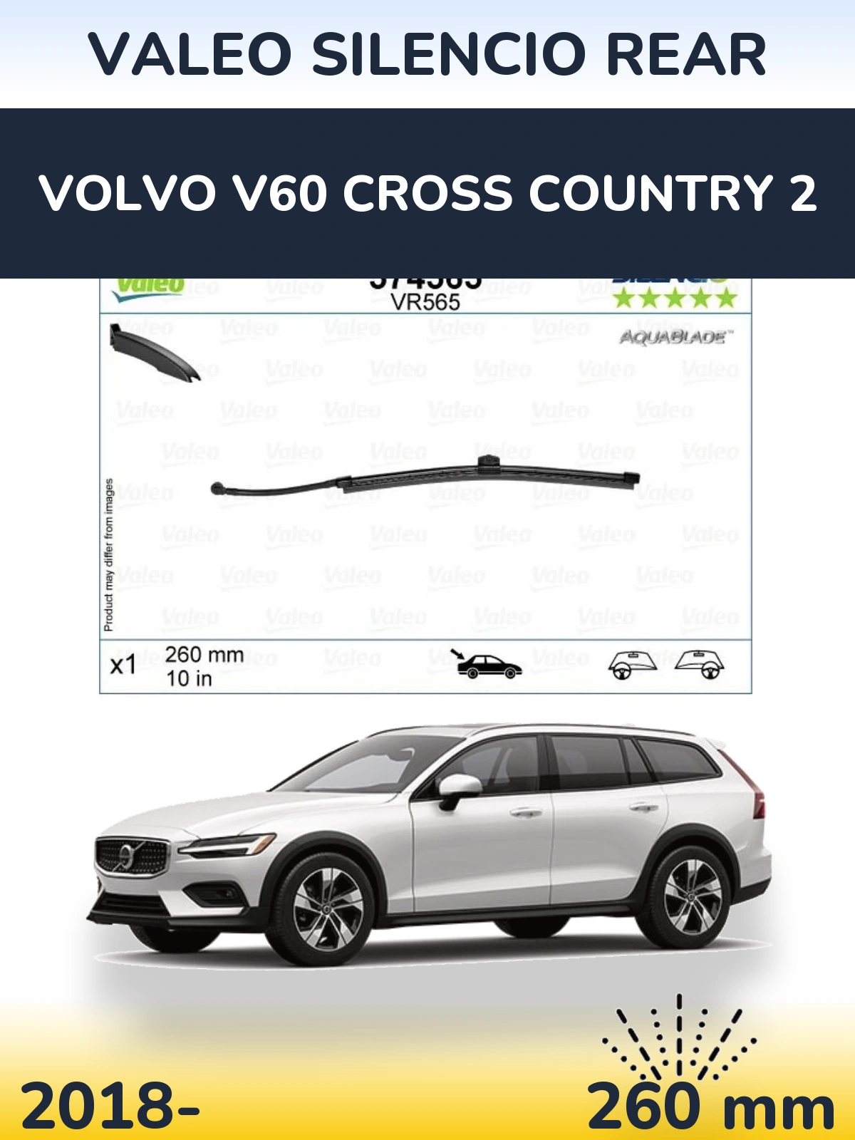 Rear wiper blade Valeo Silencio Rear 260 mm for Volvo V60 Cross Country 2 2018-2026