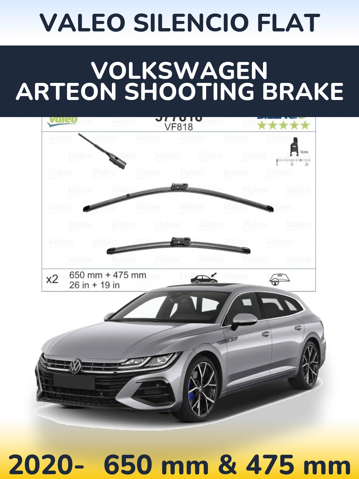 Комплект передніх щіток Valeo Silencio Flat 650 & 475 мм для Volkswagen Arteon Shooting Brake 2020-2026