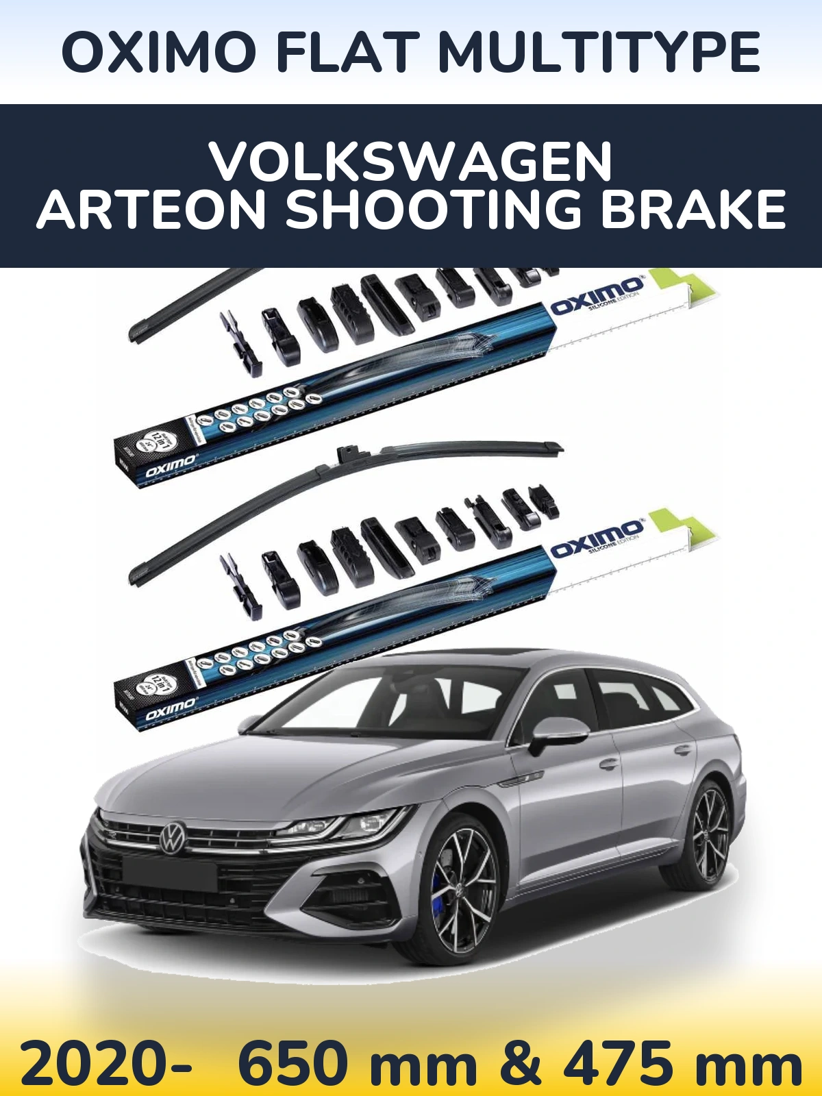 Front wiper blade set Oximo Flat MultiTipse 650 & 475 mm for Volkswagen Arteon Shooting Brake 2020-2026