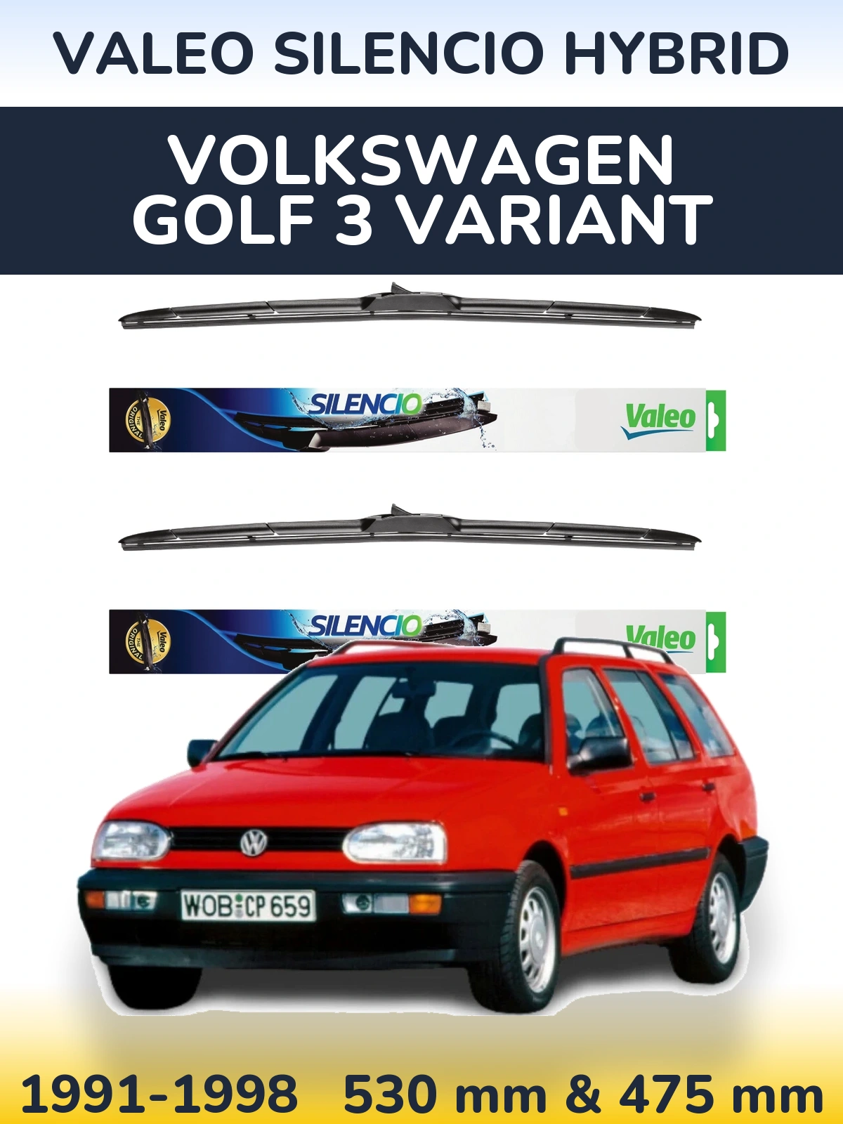 Front wiper blade set Valeo Silencio Hybrid 530 & 475 mm for Volkswagen Golf 3 Variant 1991-1998