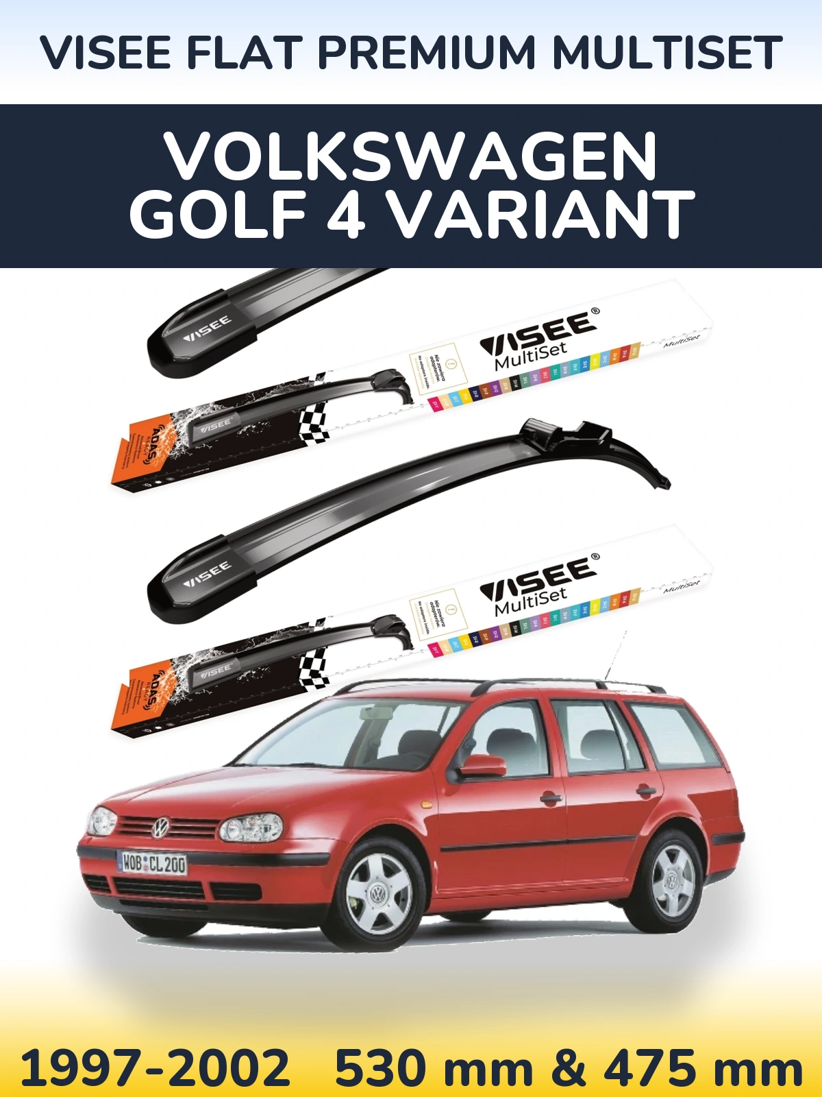 Комплект передніх щіток VISEE FLAT PREMIUM MultiSet 530 & 475 мм для Volkswagen Golf 4 Variant 1997-2002