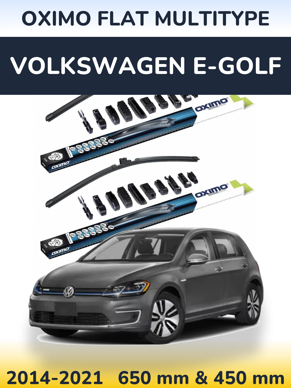 Front wiper blade set Oximo Flat MultiTipse 650 & 450 mm for Volkswagen e-Golf 2014-2021