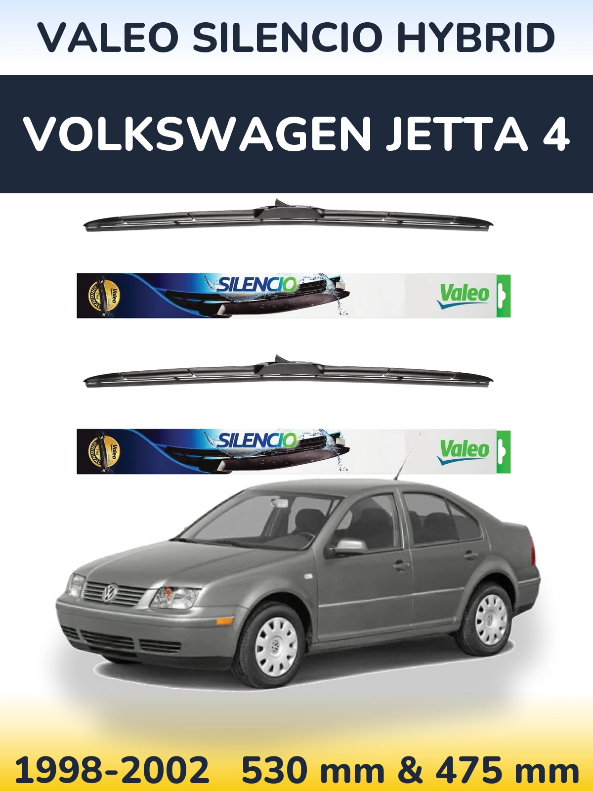 Front wiper blade set Valeo Silencio Hybrid 530 & 475 mm for Volkswagen Jetta 4 1998-2002