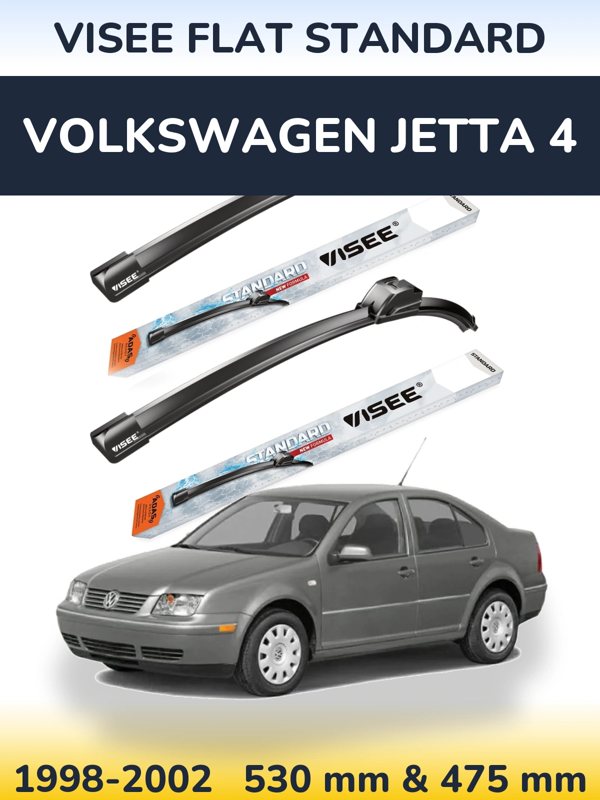 Front wiper blade set VISEE FLAT STANDARD 530 & 475 mm for Volkswagen Jetta 4 1998-2002