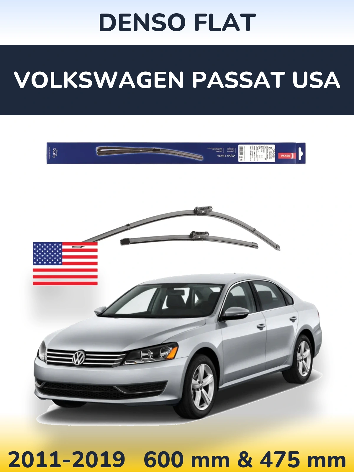 Front wiper blade set Denso Flat 600 & 475 mm for Volkswagen Passat USA 2011-2019