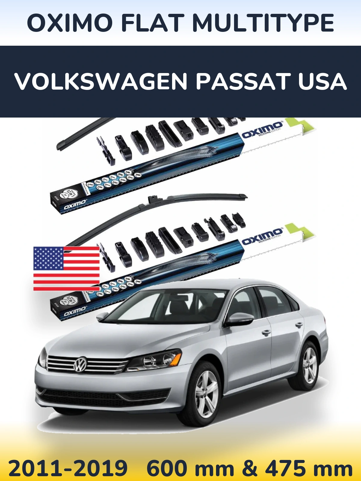 Front wiper blade set Oximo Flat MultiTipse 600 & 475 mm for Volkswagen Passat USA 2011-2019