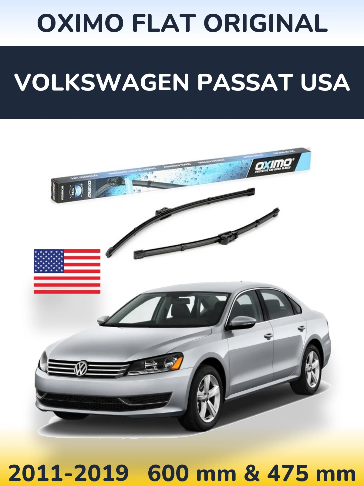 Front wiper blade set Oximo Flat Original 600 & 475 mm for Volkswagen Passat USA 2011-2019