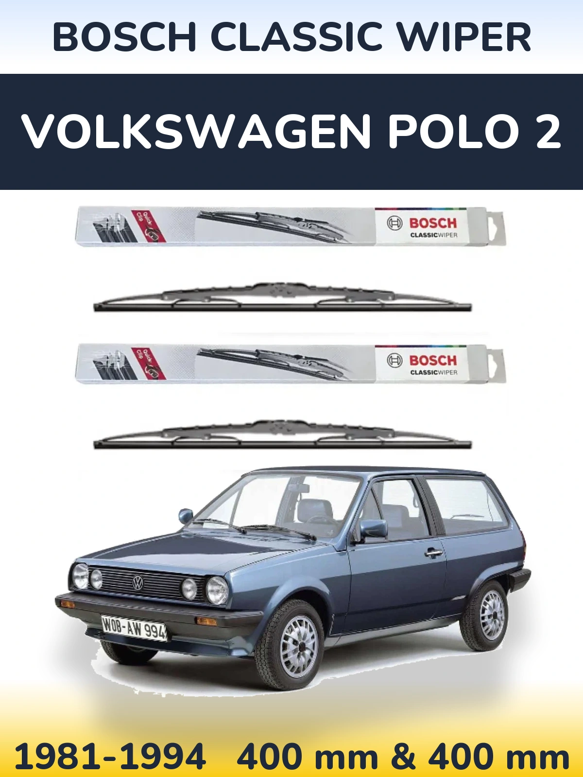 Front wiper blade set BOSCH Classic Wiper 400 & 400 mm for Volkswagen Polo 2 1981-1994