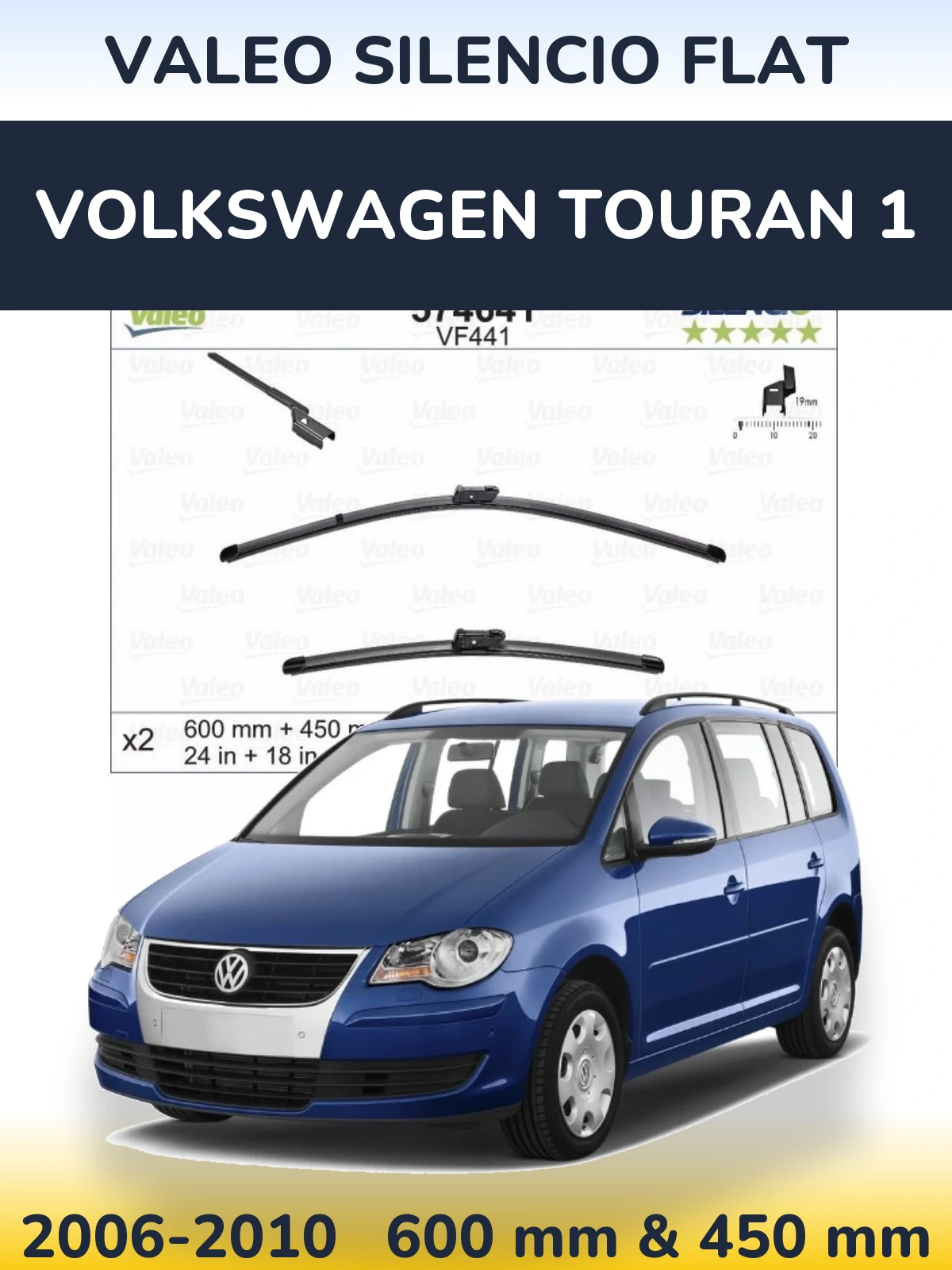 Front wiper blade set Valeo Silencio Flat 600 & 450 mm for Volkswagen Touran 1 2006-2010