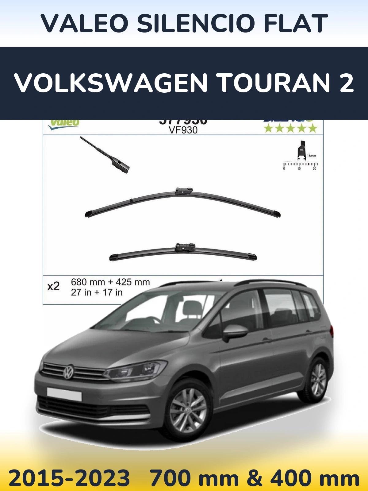 Front wiper blade set Valeo Silencio Flat 680 & 400 mm for Volkswagen Touran 2 2015-2023