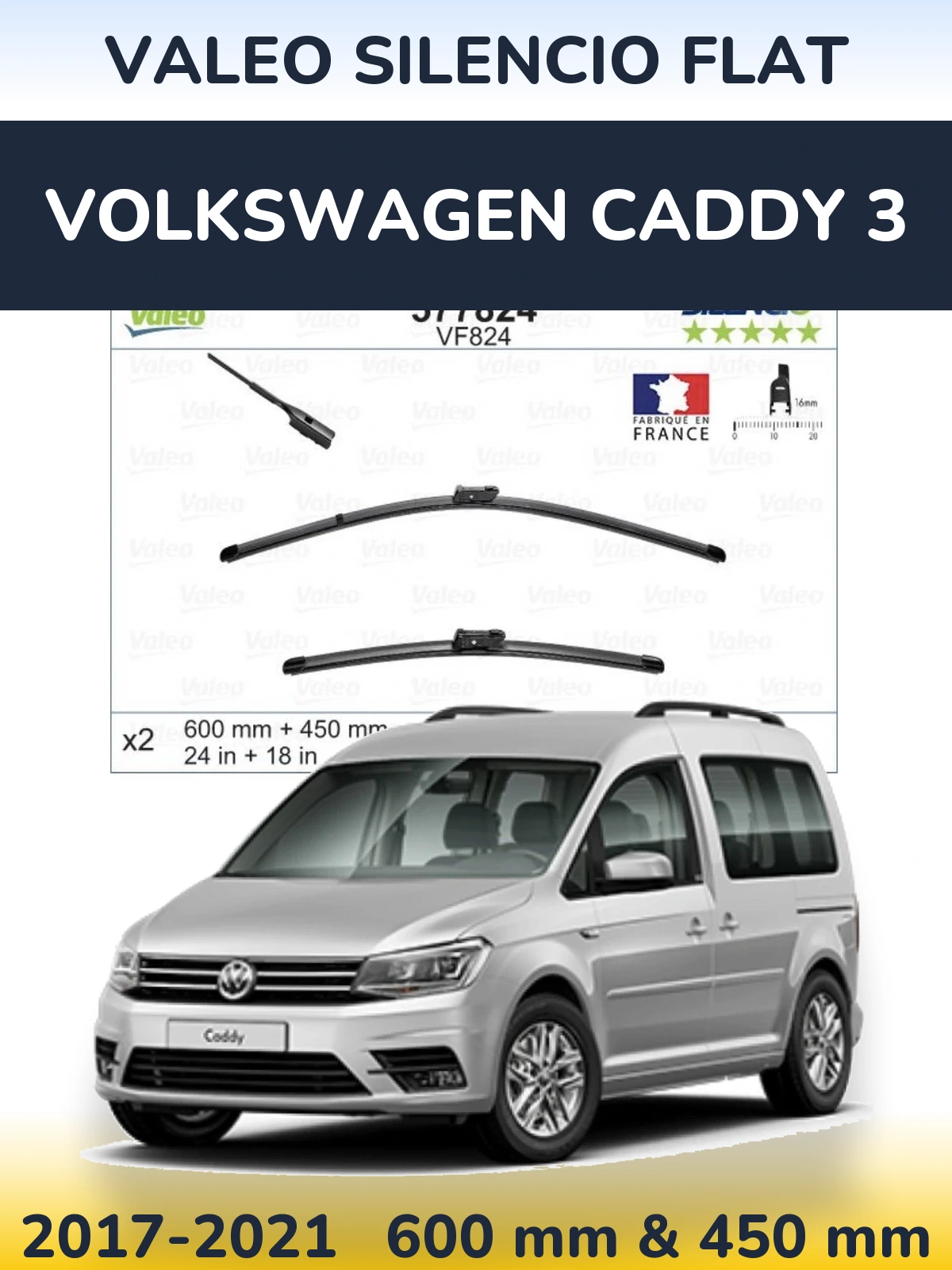 Front wiper blade set Valeo Silencio Flat 600 & 450 mm for Volkswagen Caddy 3 2017-2021