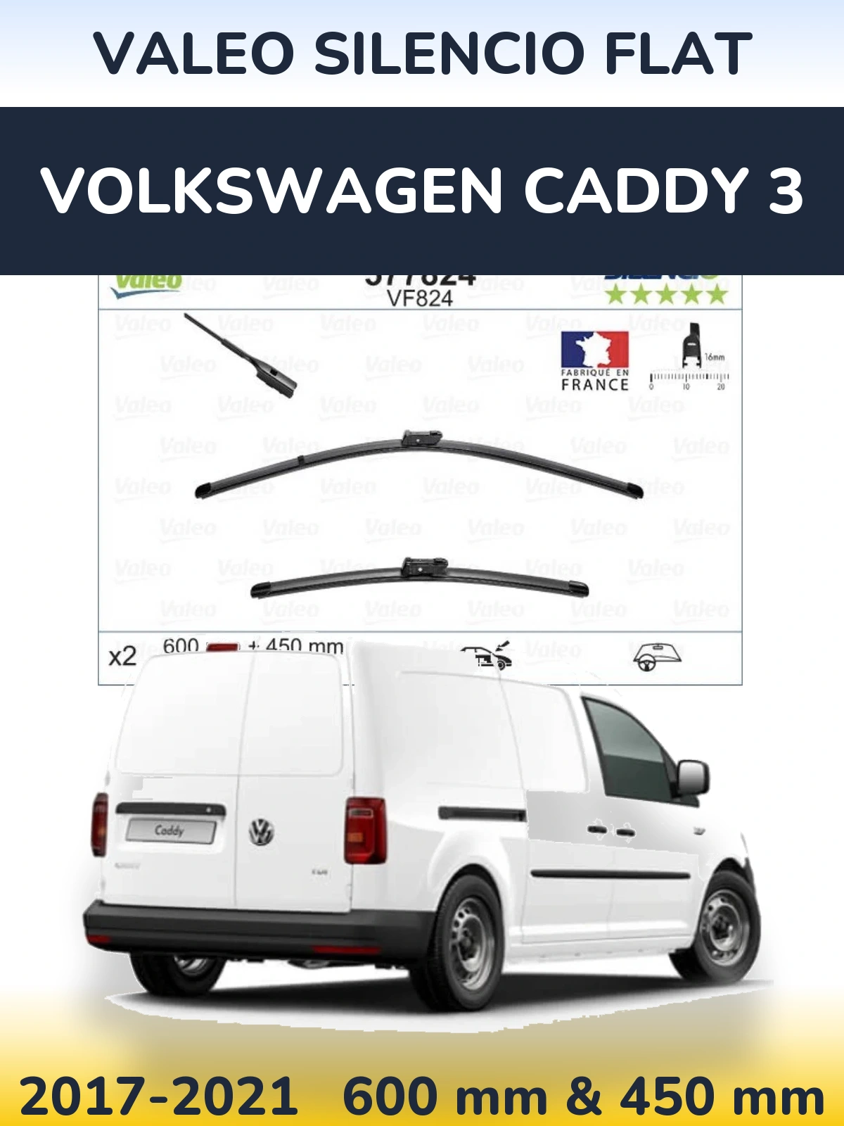 Комплект передніх щіток Valeo Silencio Flat 600 & 450 мм для Volkswagen Caddy 3 2017-2021
