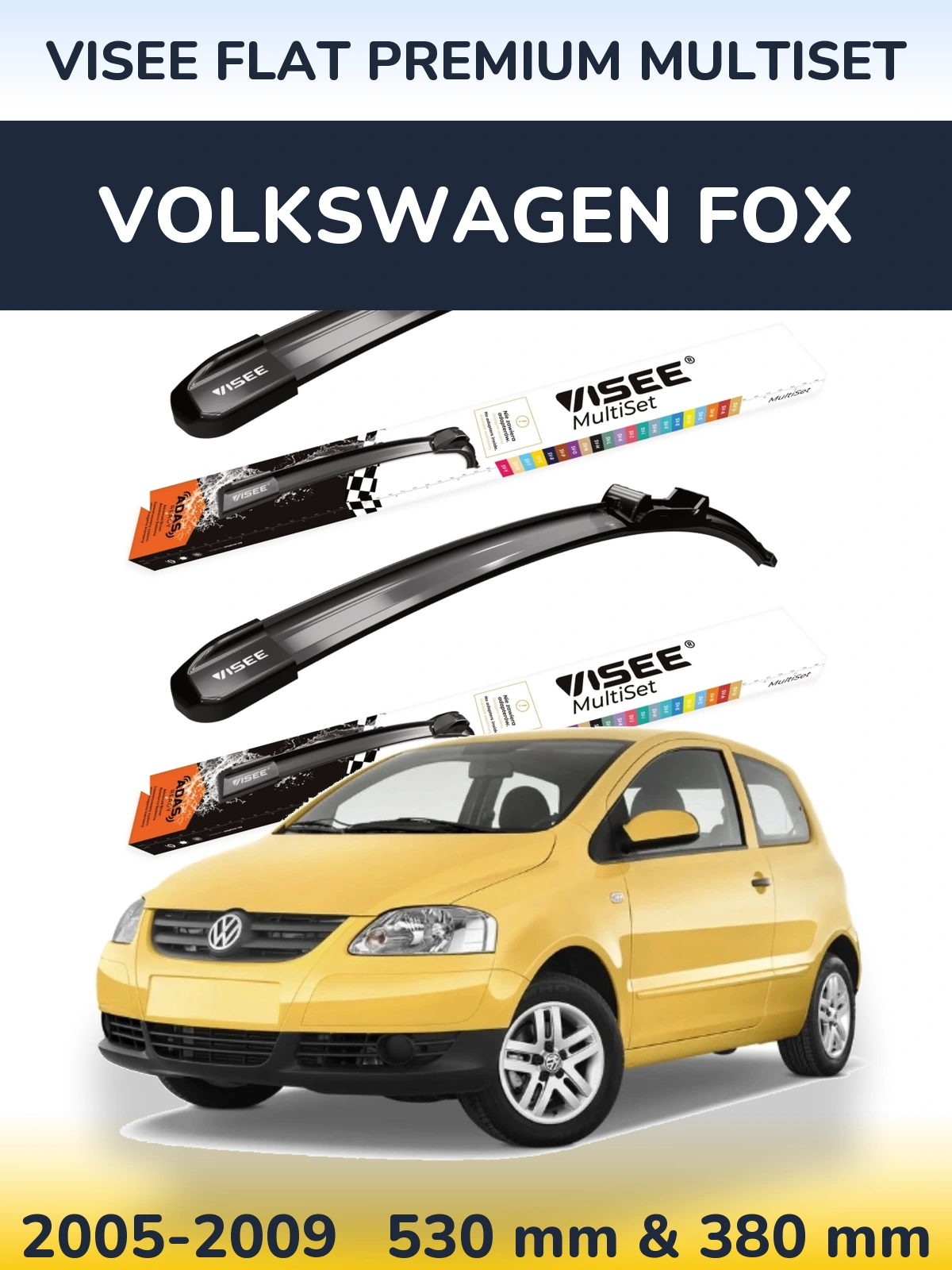 Front wiper blade set VISEE FLAT PREMIUM MultiSet 530 & 380 mm for Volkswagen Fox 2005-2009