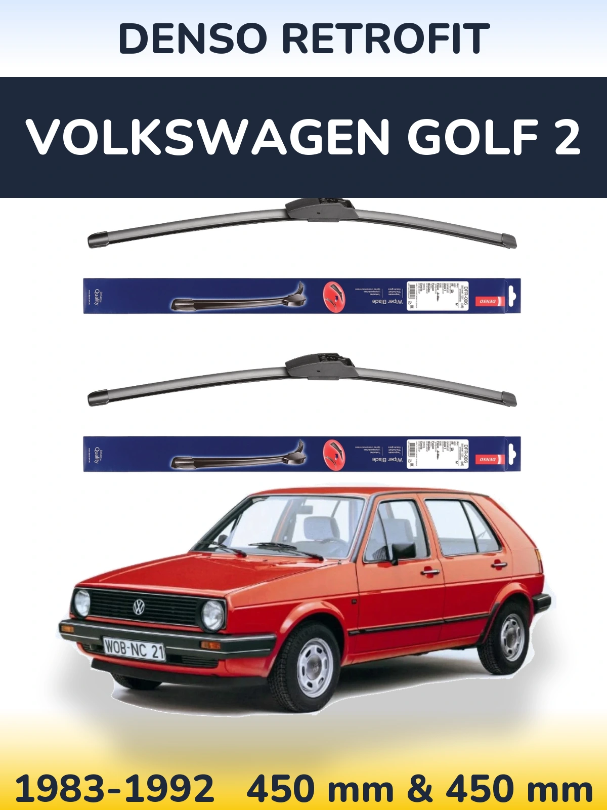 Front wiper blade set Denso Retrofit 450 & 450 mm for Volkswagen Golf 2 1983-1992