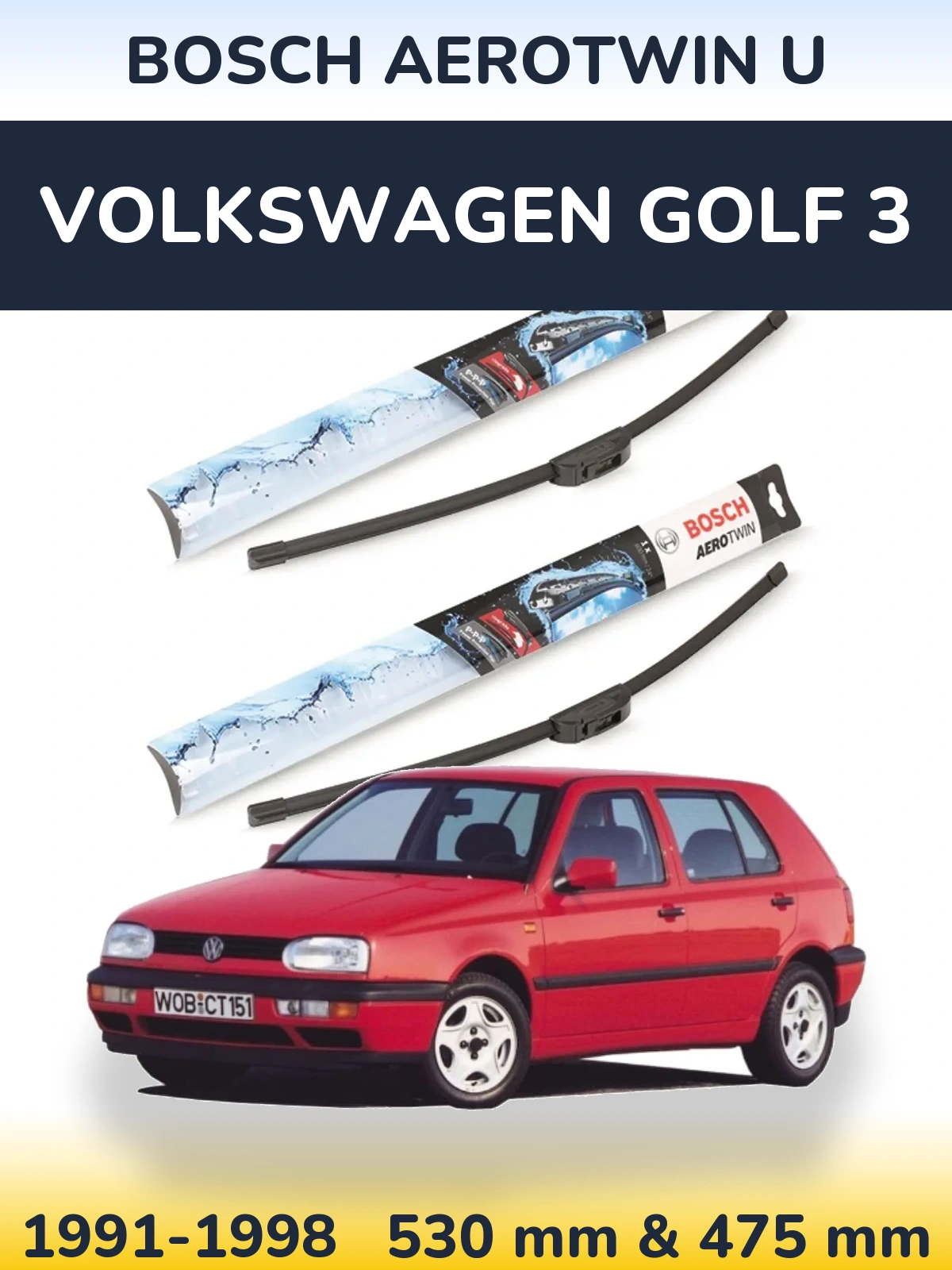Front wiper blade set BOSCH AeroTwin U 530 & 475 mm for Volkswagen Golf 3 1991-1998