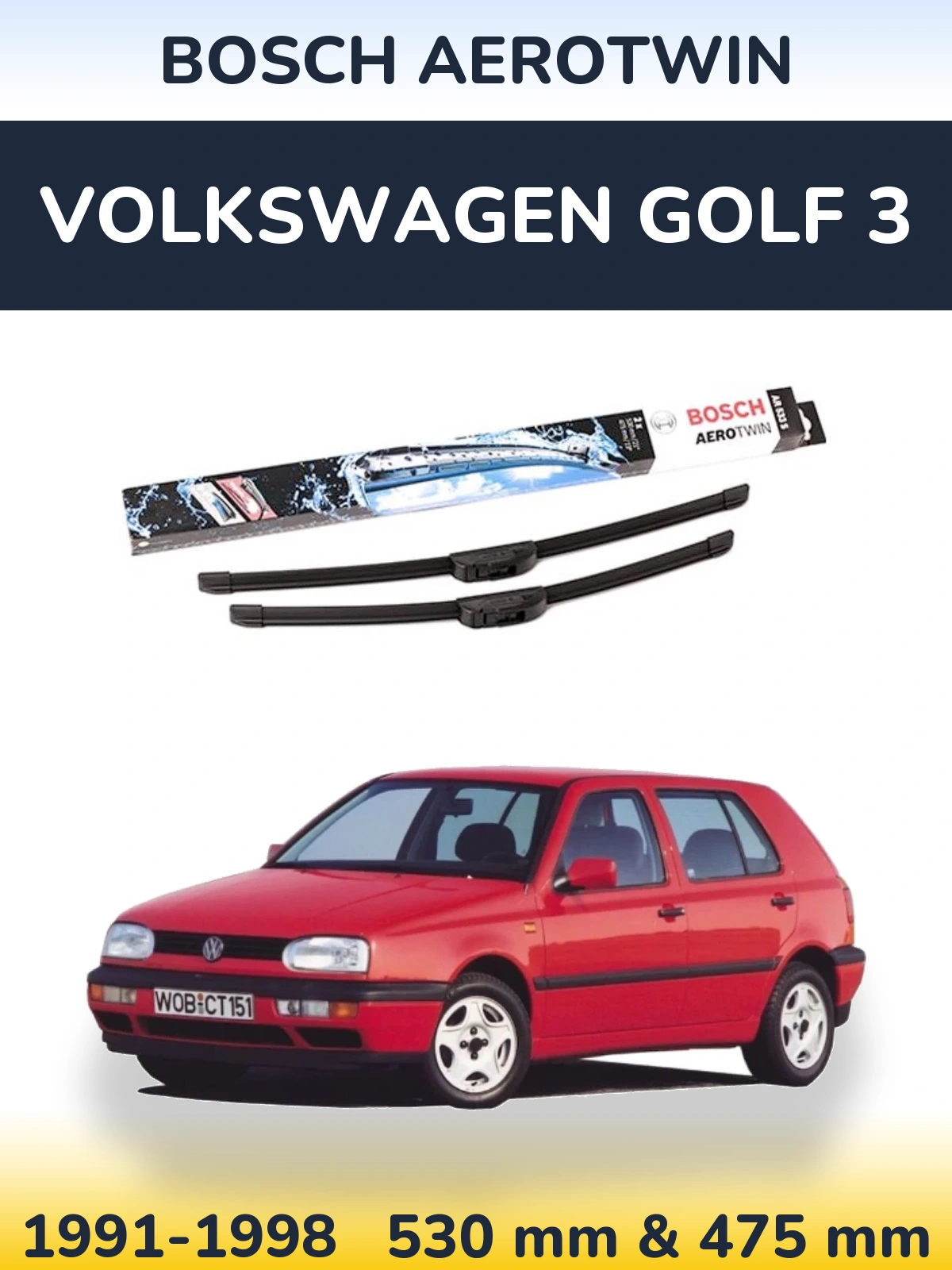 Front wiper blade set BOSCH AeroTwin 530 & 475 mm for Volkswagen Golf 3 1991-1998