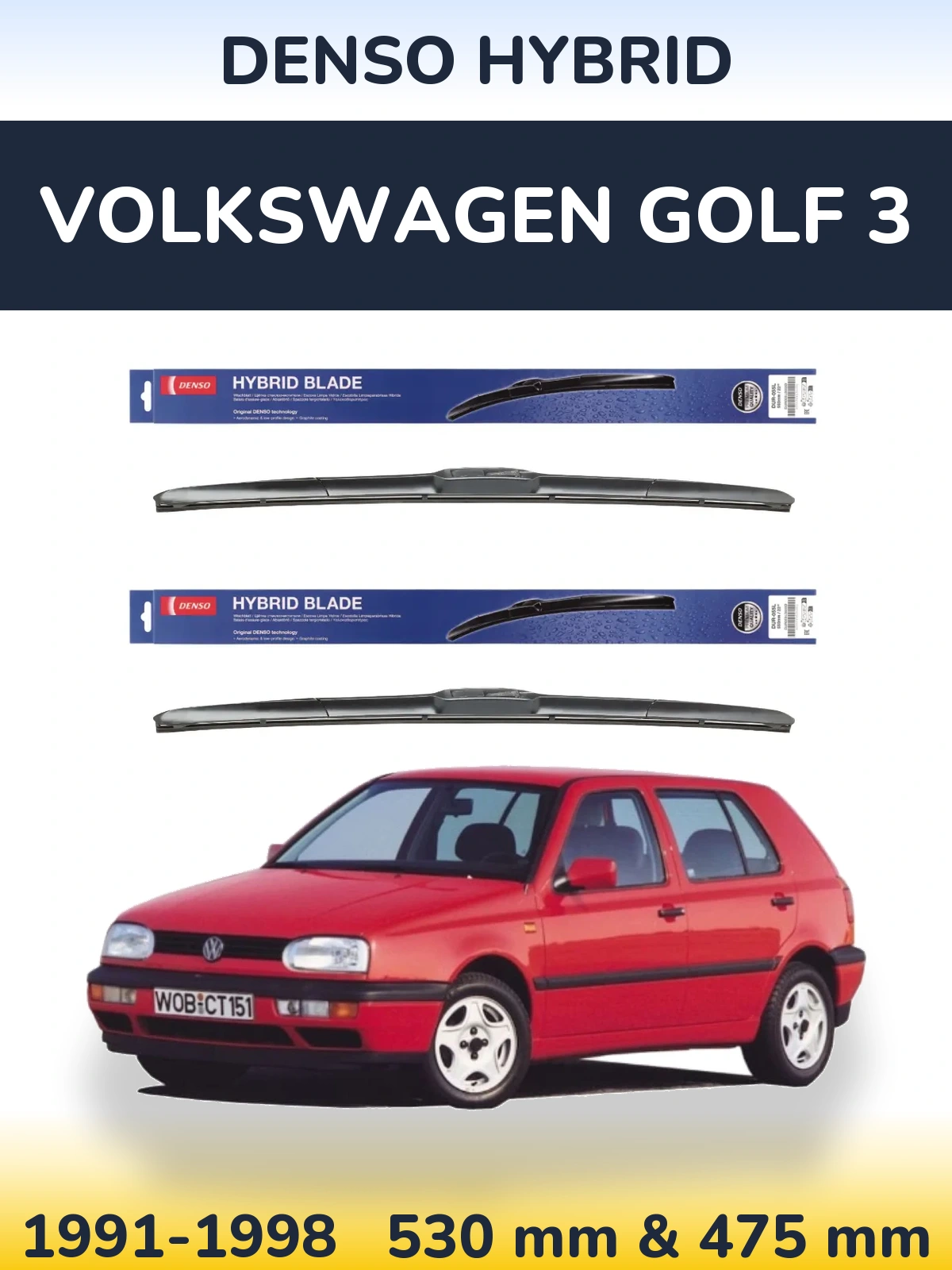 Front wiper blade set Denso Hybrid 530 & 475 mm for Volkswagen Golf 3 1991-1998
