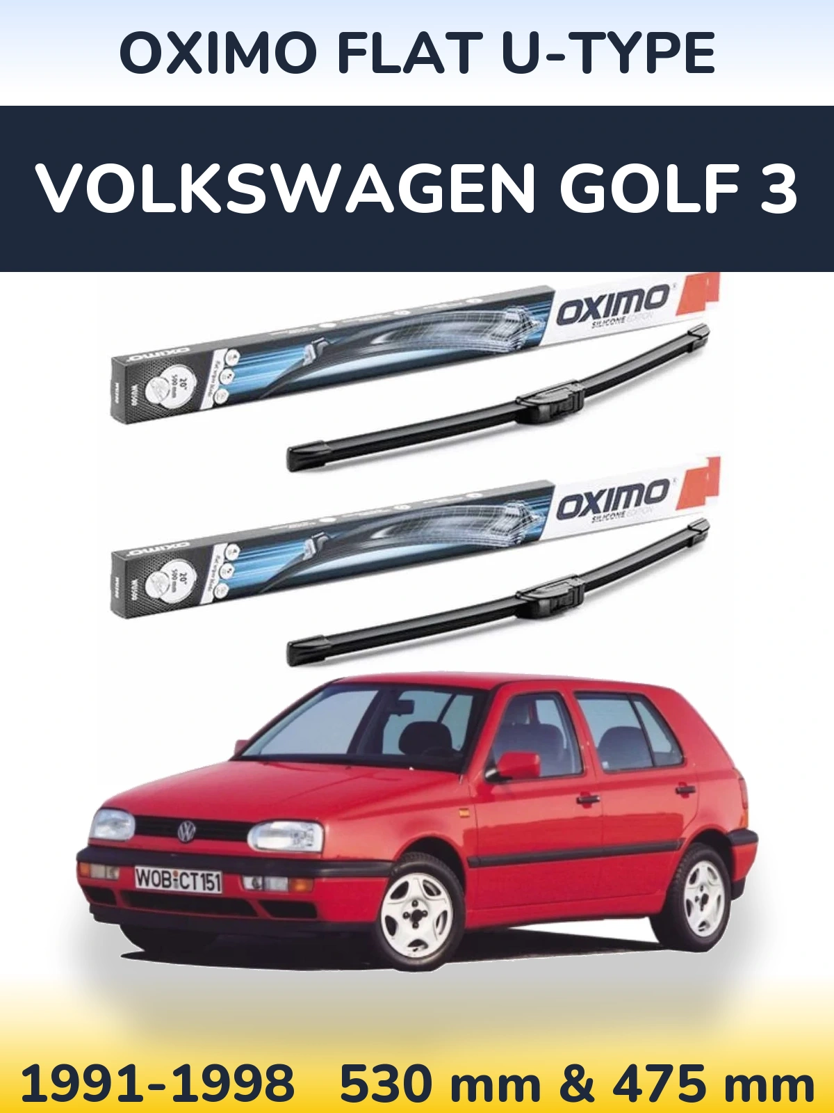 Front wiper blade set Oximo Flat U-type 530 & 475 mm for Volkswagen Golf 3 1991-1998