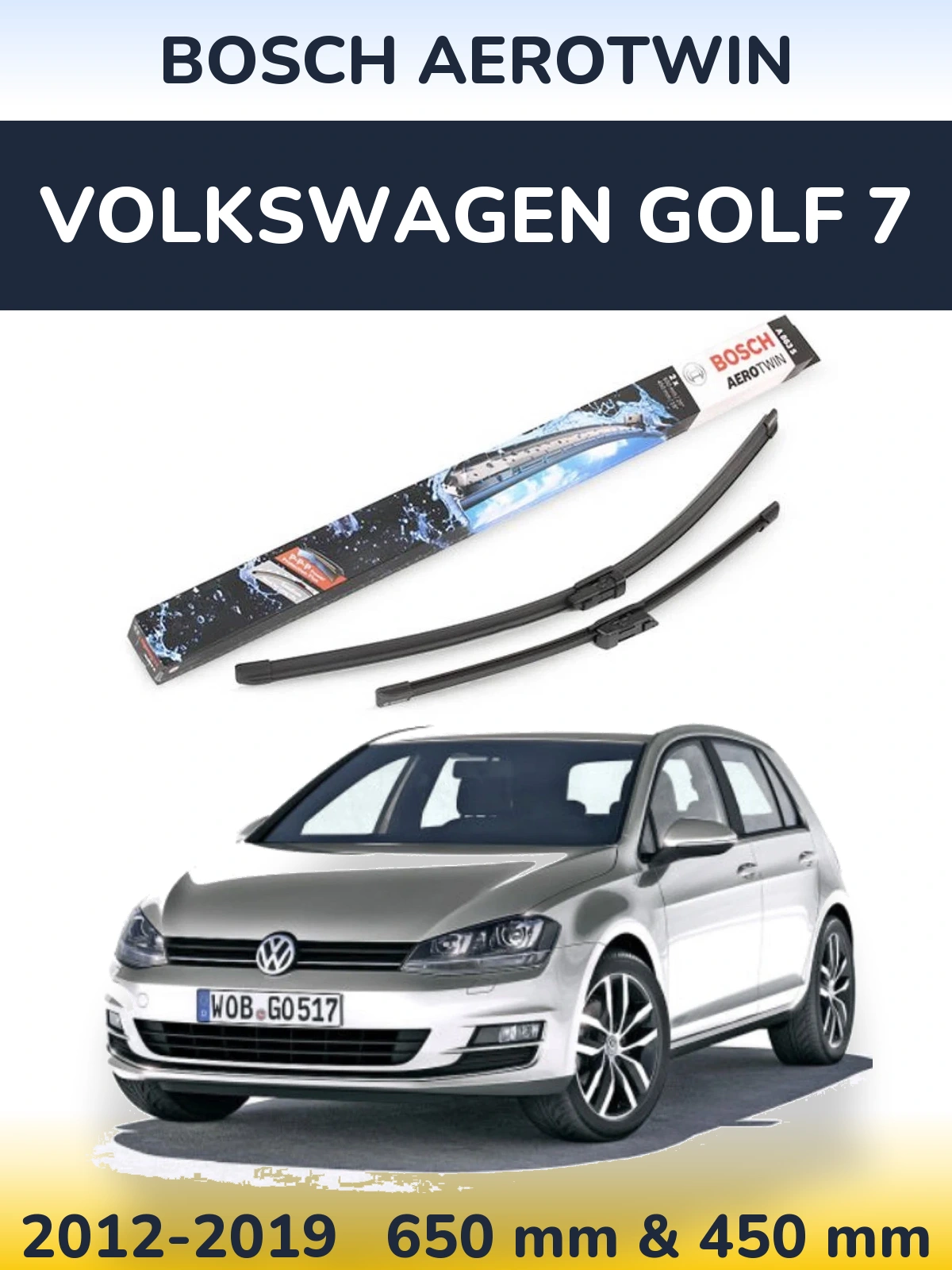 Front wiper blade set BOSCH AeroTwin 650 & 450 mm for Volkswagen Golf 7 2012-2019