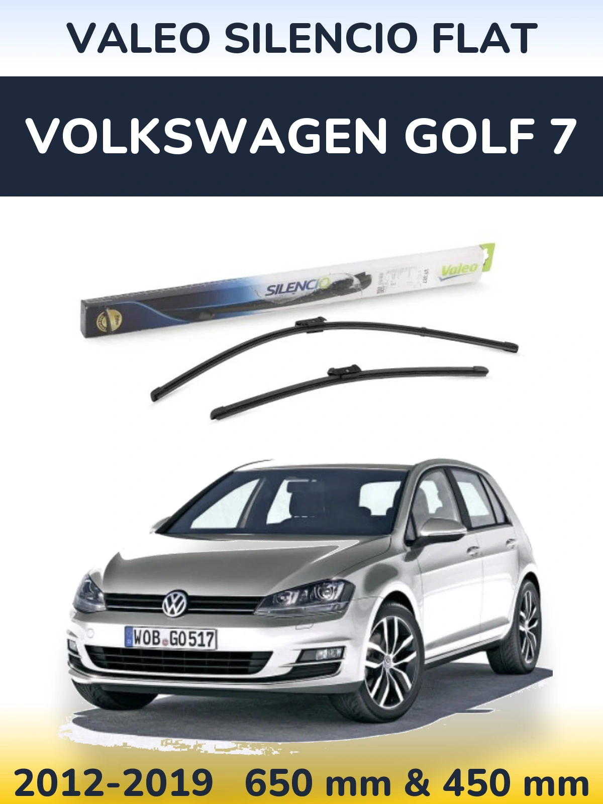 Front wiper blade set Valeo Silencio Flat 650 & 450 mm for Volkswagen Golf 7 2012-2019