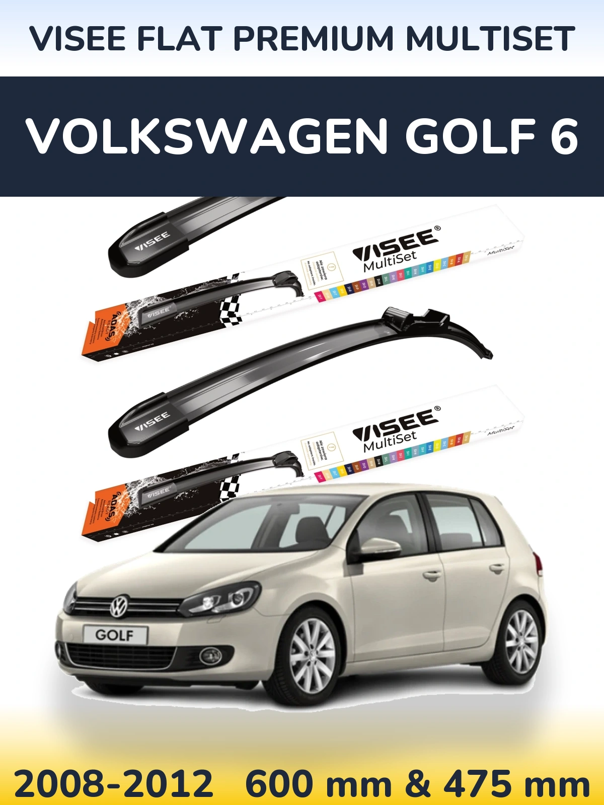 Front wiper blade set VISEE FLAT PREMIUM MultiSet 600 & 475 mm for Volkswagen Golf 6 2008-2012