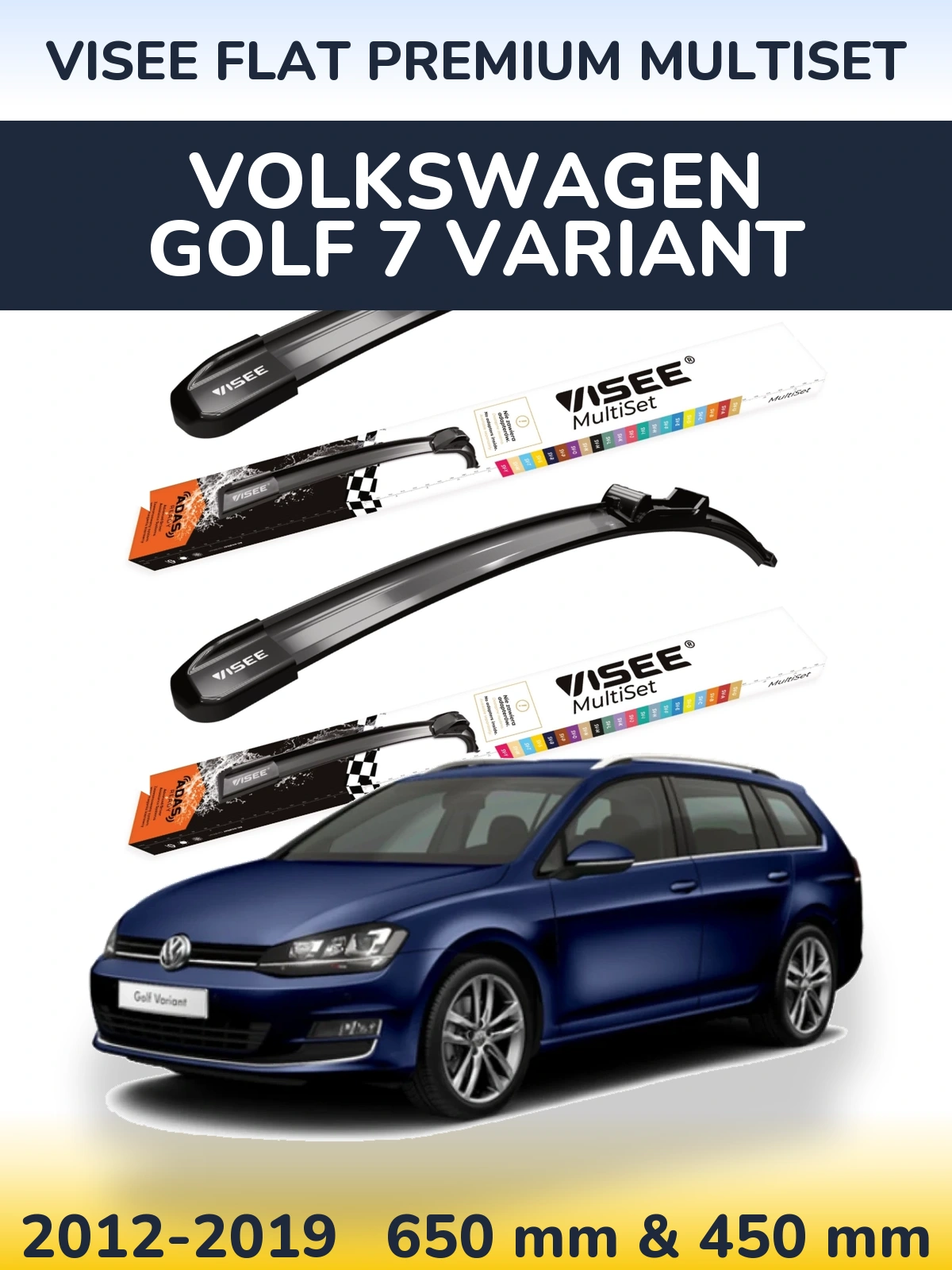 Front wiper blade set VISEE FLAT PREMIUM MultiSet 650 & 450 mm for Volkswagen Golf 7 Variant 2012-2019